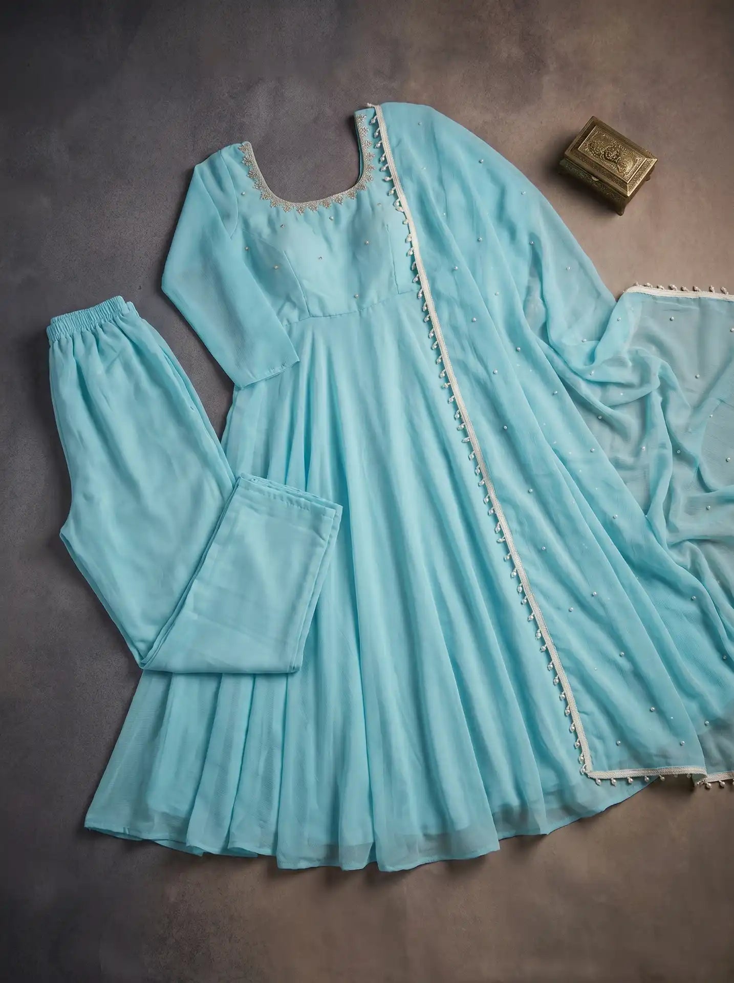 Sky Blue Georgette Anarkali Suit Set with Embellished Dupatta