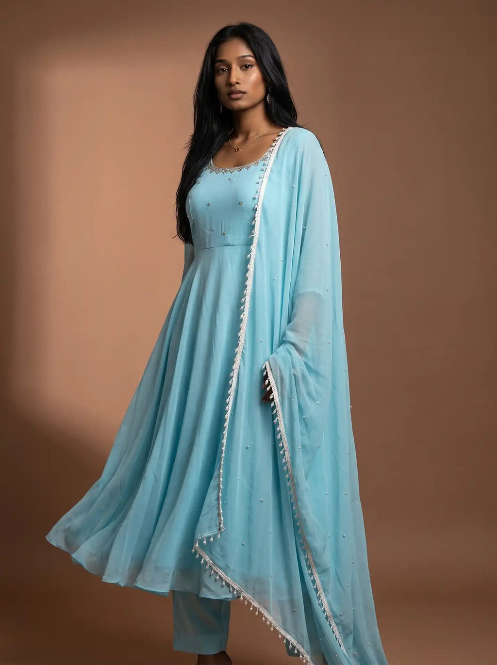 Sky Blue Georgette Anarkali Suit Set with Embellished Dupatta