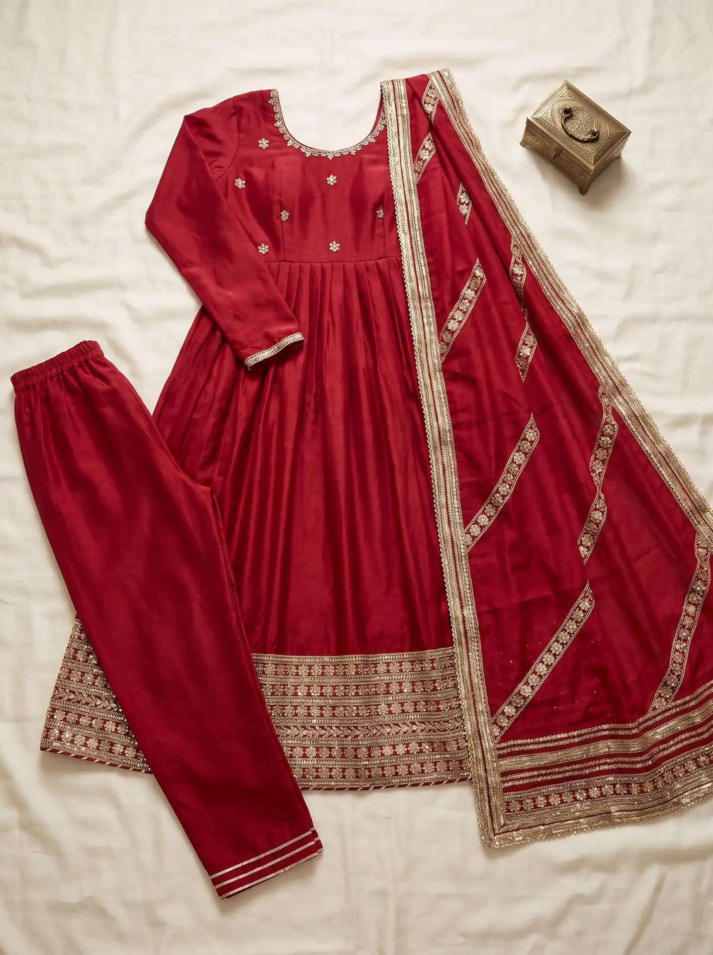 Ruby Red Embellished 3 Piece Anarkali Suit Set with Matching Dupatta