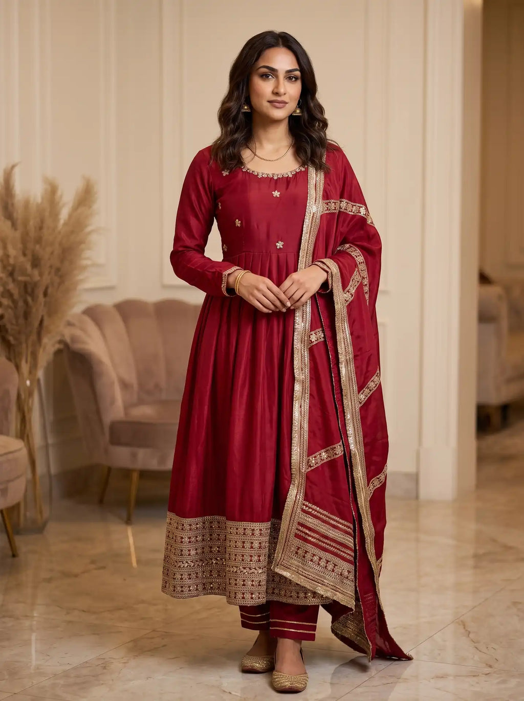 Ruby Red Embellished 3 Piece Anarkali Suit Set with Matching Dupatta