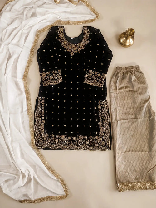 Black Velvet Embellished 3 Piece Kurta Suit Set with White Dupatta