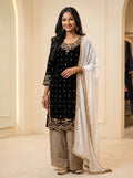 Black Velvet Embellished 3 Piece Kurta Suit Set with White Dupatta