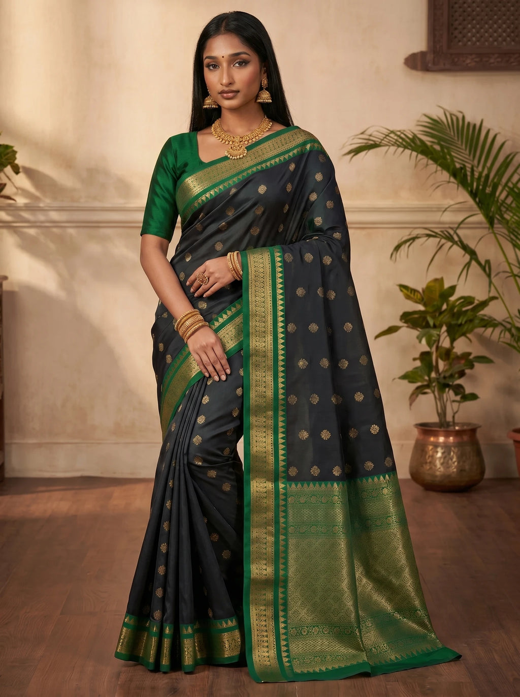 Black & Bottle Green 1000 butta Kanchi Soft Silk Saree