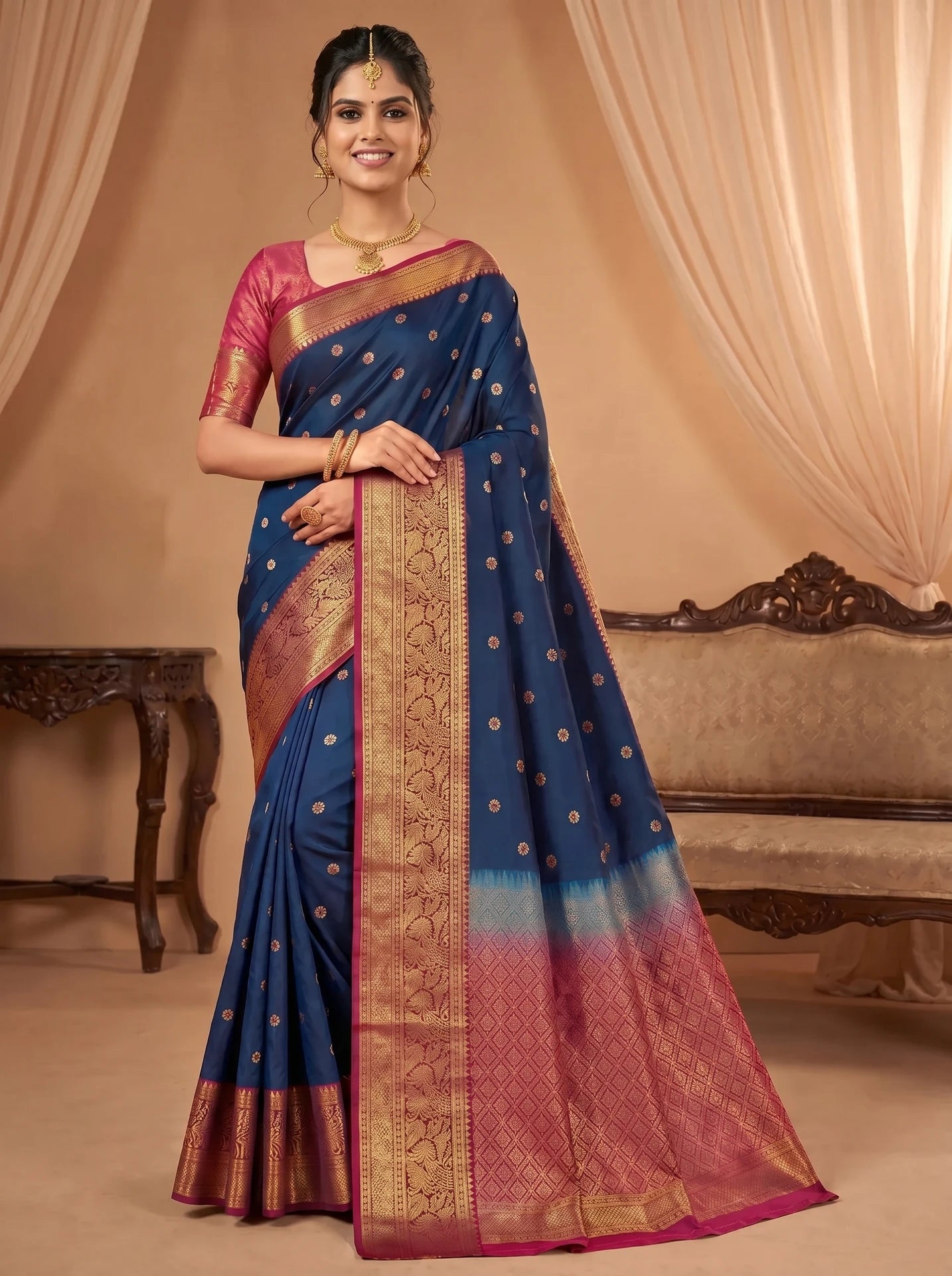 Royal Blue Floral Butta Semi Silk Saree