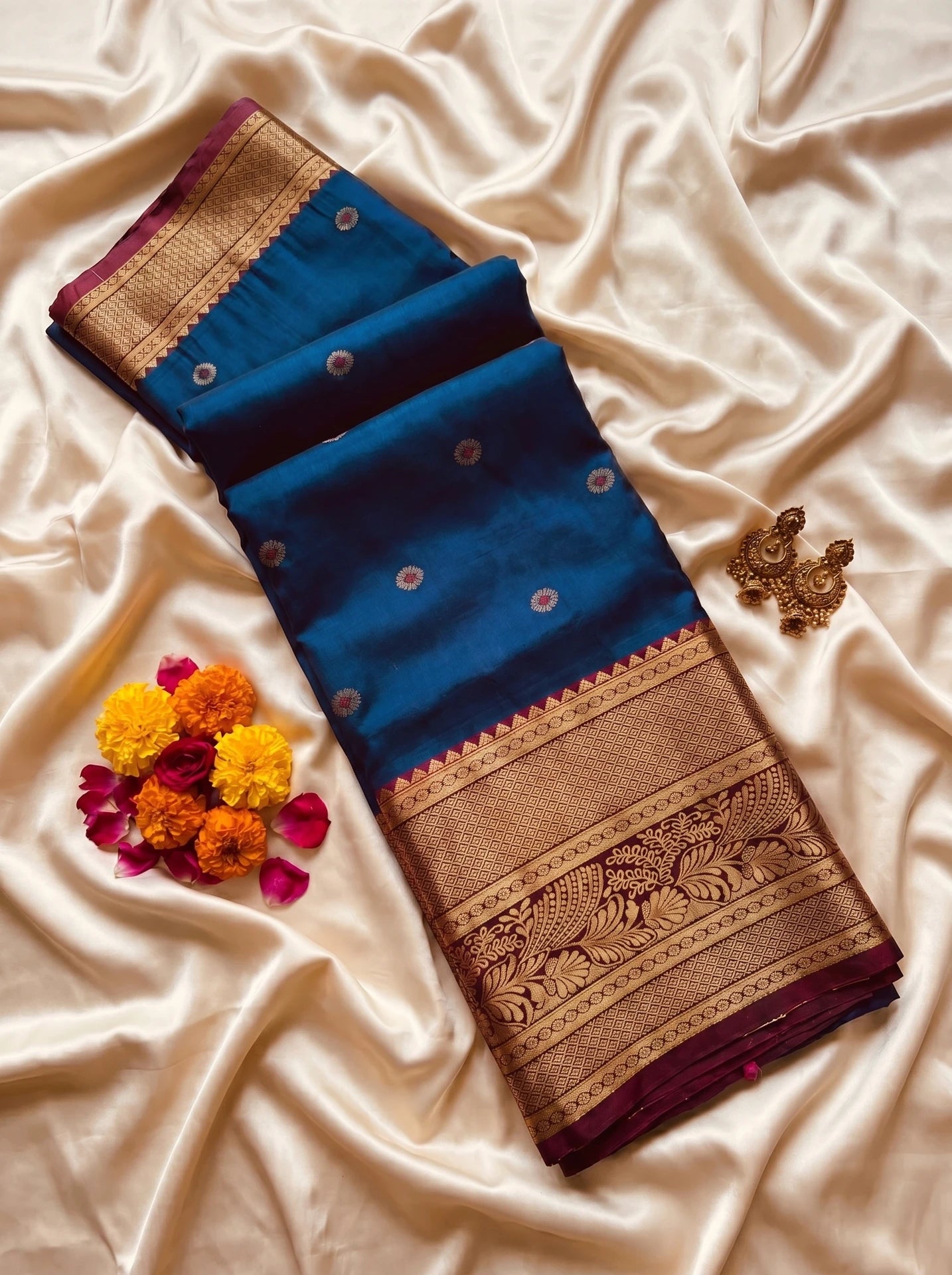 Royal Blue Floral Butta Semi Silk Saree
