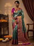 Dusty Teal Peacock Motif Semi Silk Saree