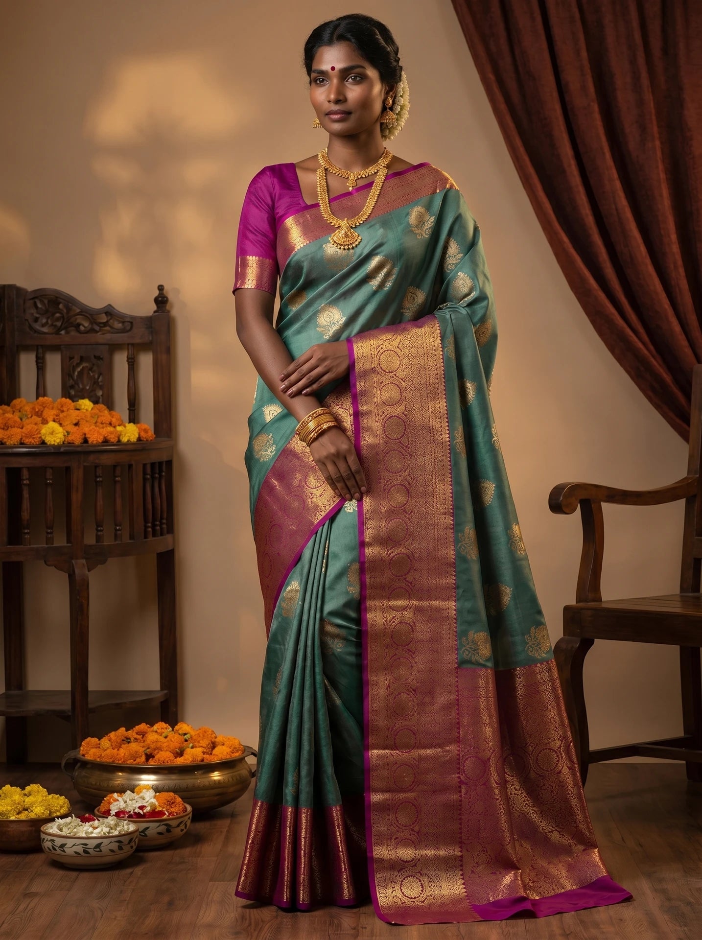 Dusty Teal Peacock Motif Semi Silk Saree