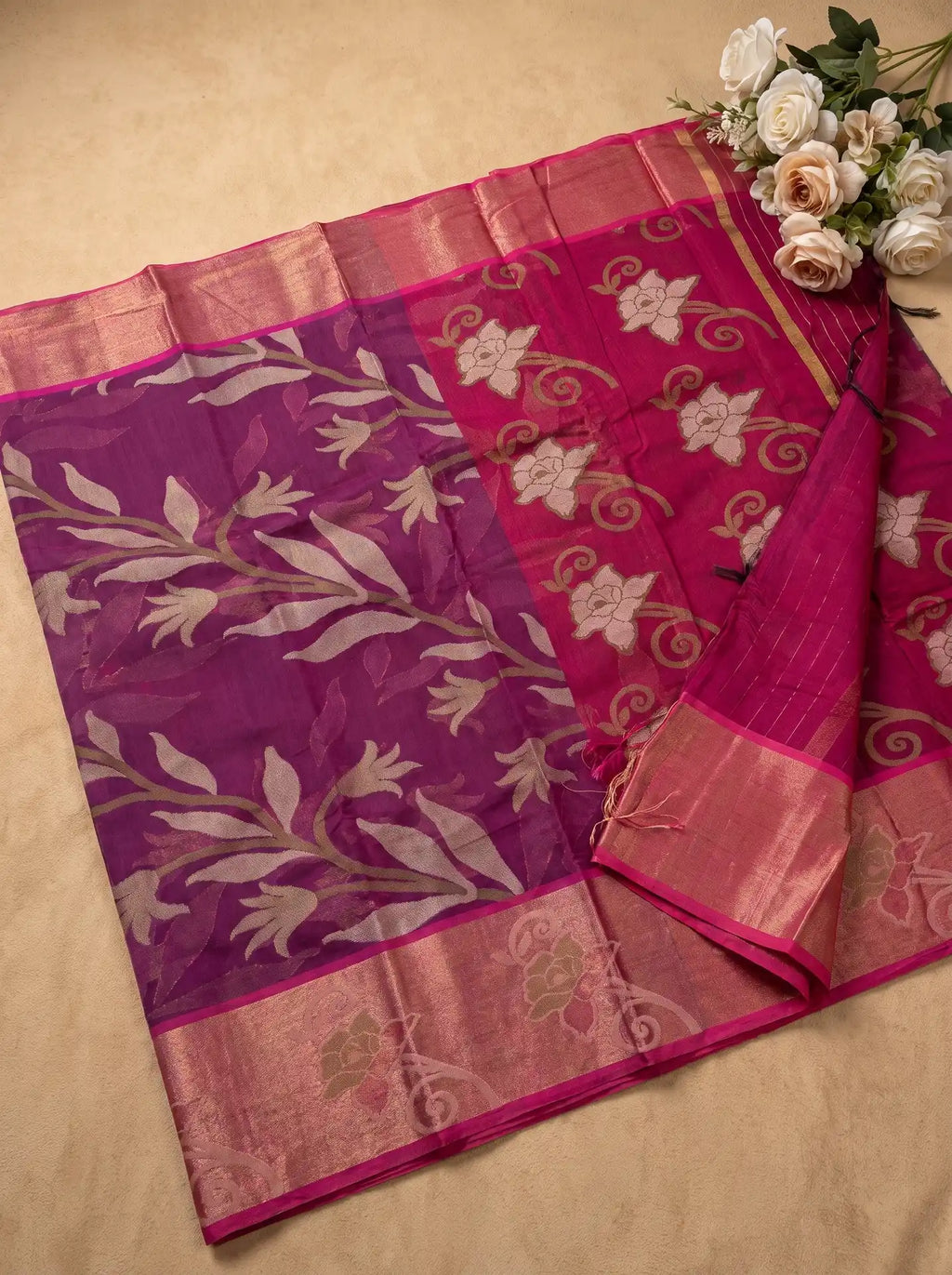 Plum Purple Pink Chanderi Cotton Floral Saree with Contrast Pink Blouse