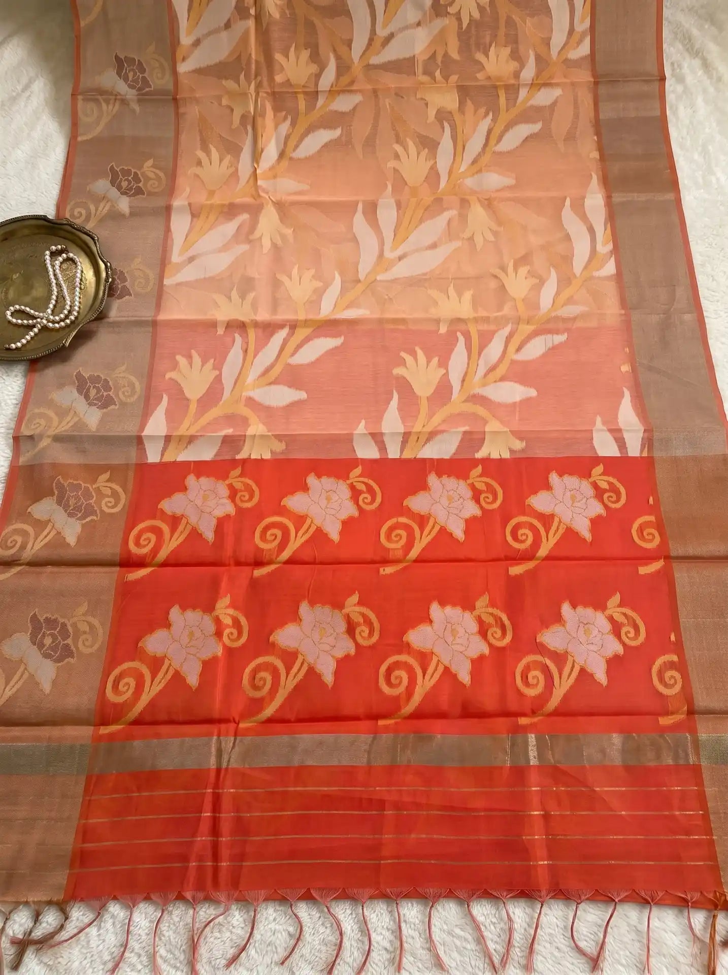 Peach Orange Chanderi Cotton Floral Saree with Contrast Orange Blouse