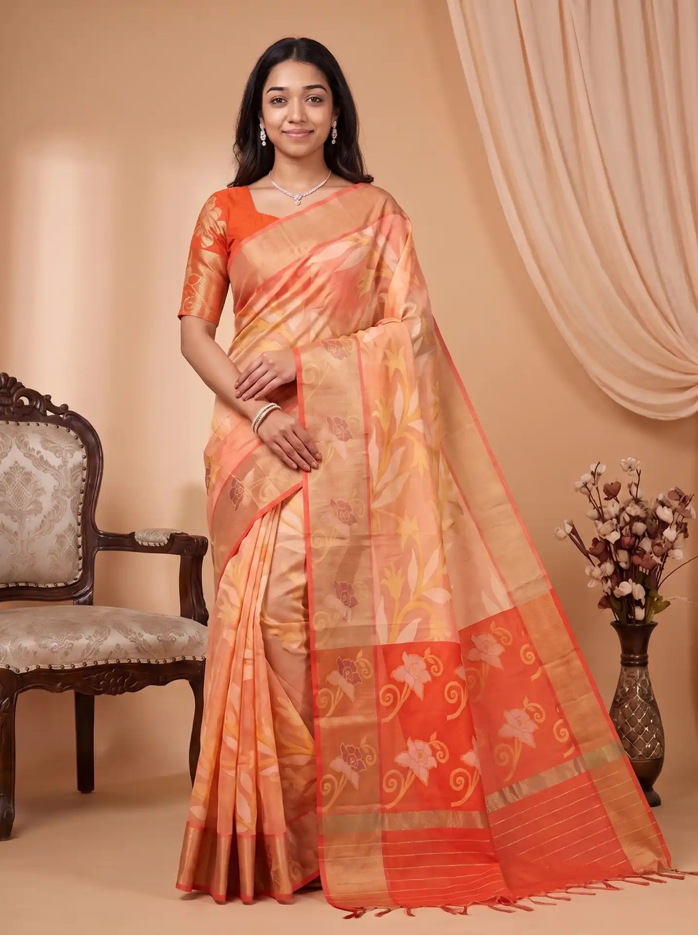Peach Orange Chanderi Cotton Floral Saree with Contrast Orange Blouse