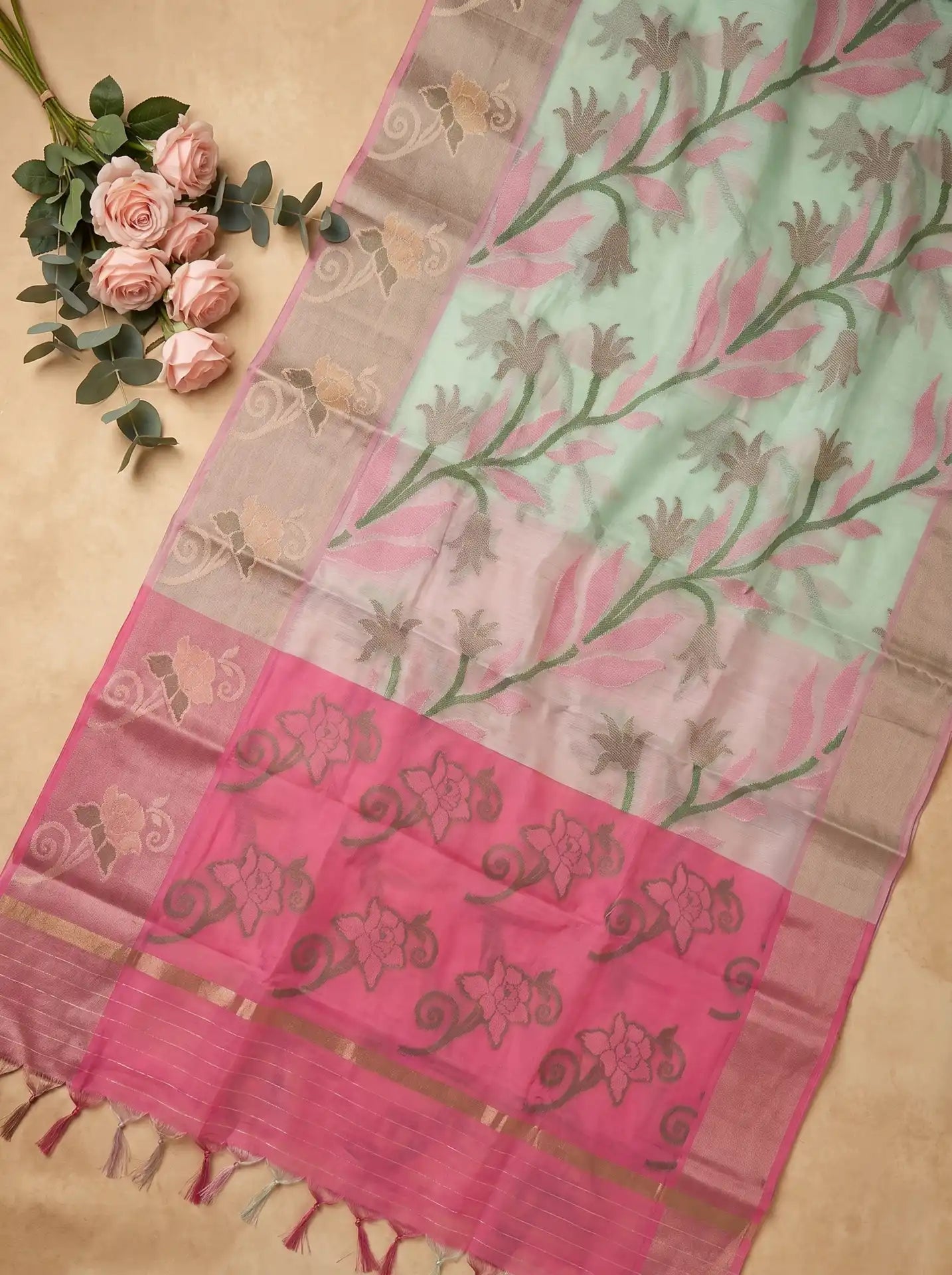 Mint Green Pastel Pink Chanderi Cotton Floral Saree with Contrast Pink Blouse