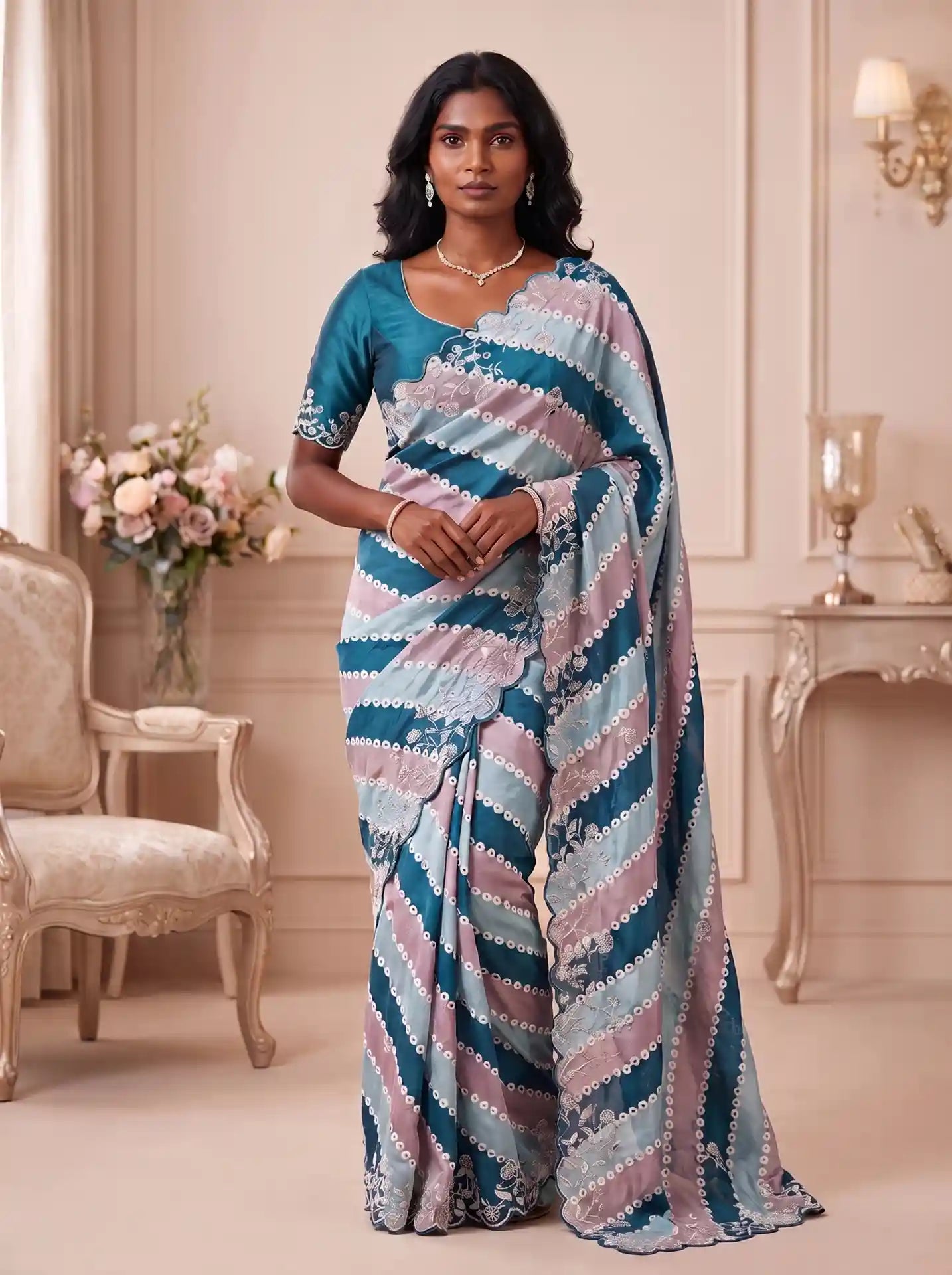 Teal Blue Ice Blue Sequin Work Saree with Matching Embroidered Blouse