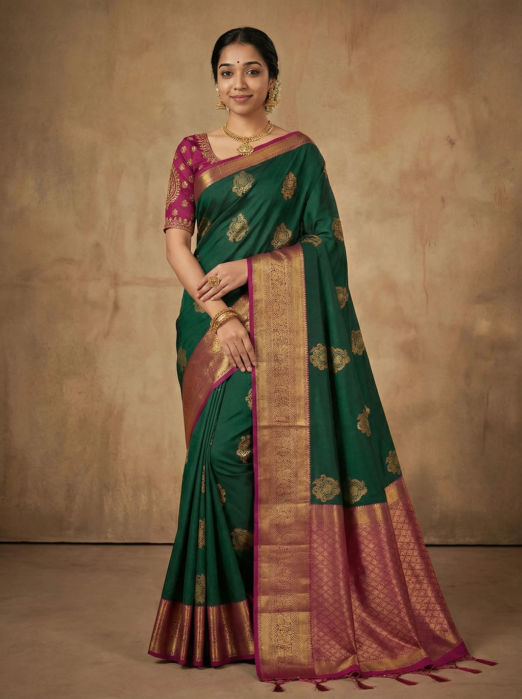 Bottle Green Bridal Semi Silk Saree