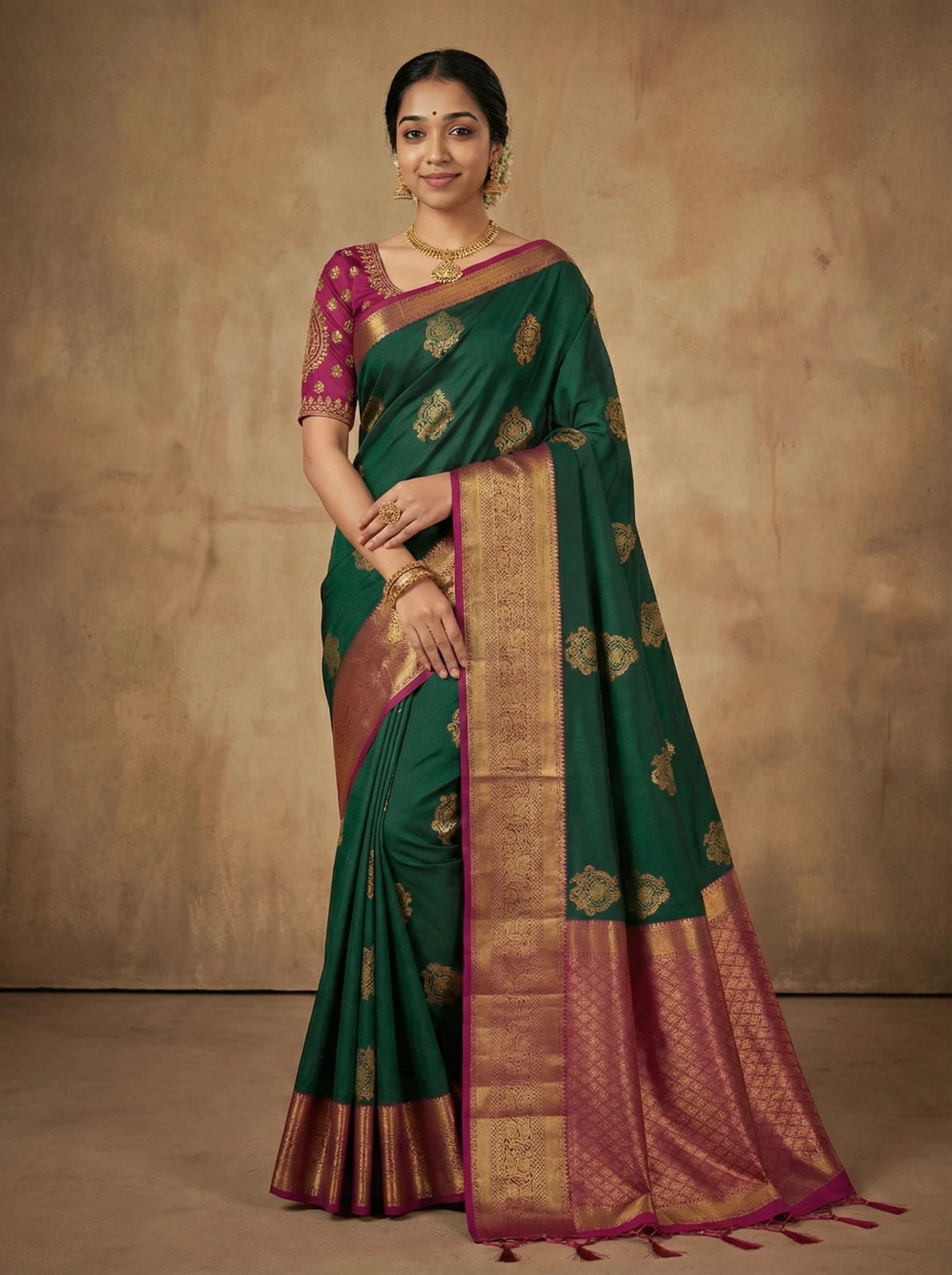 Bottle Green Bridal Semi Silk Saree