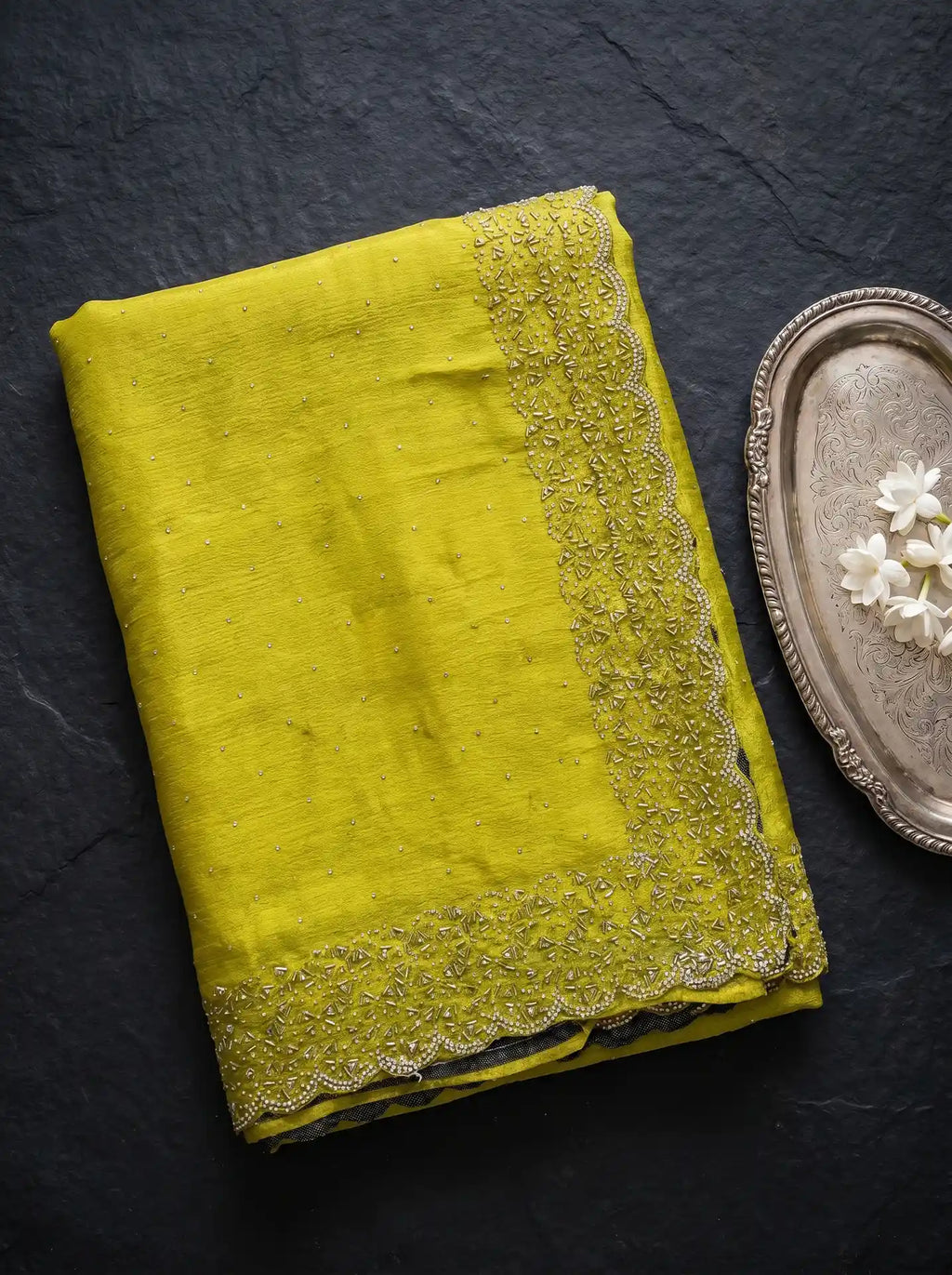 Olive Yellow All-Over Stone Work Saree with Matching Stone Border Blouse