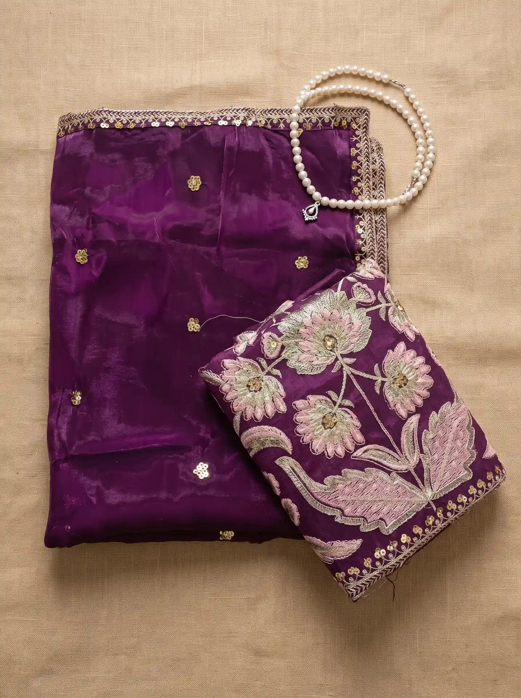 Rani Purple Sequin Work Saree with Matching Floral Embroidered Blouse