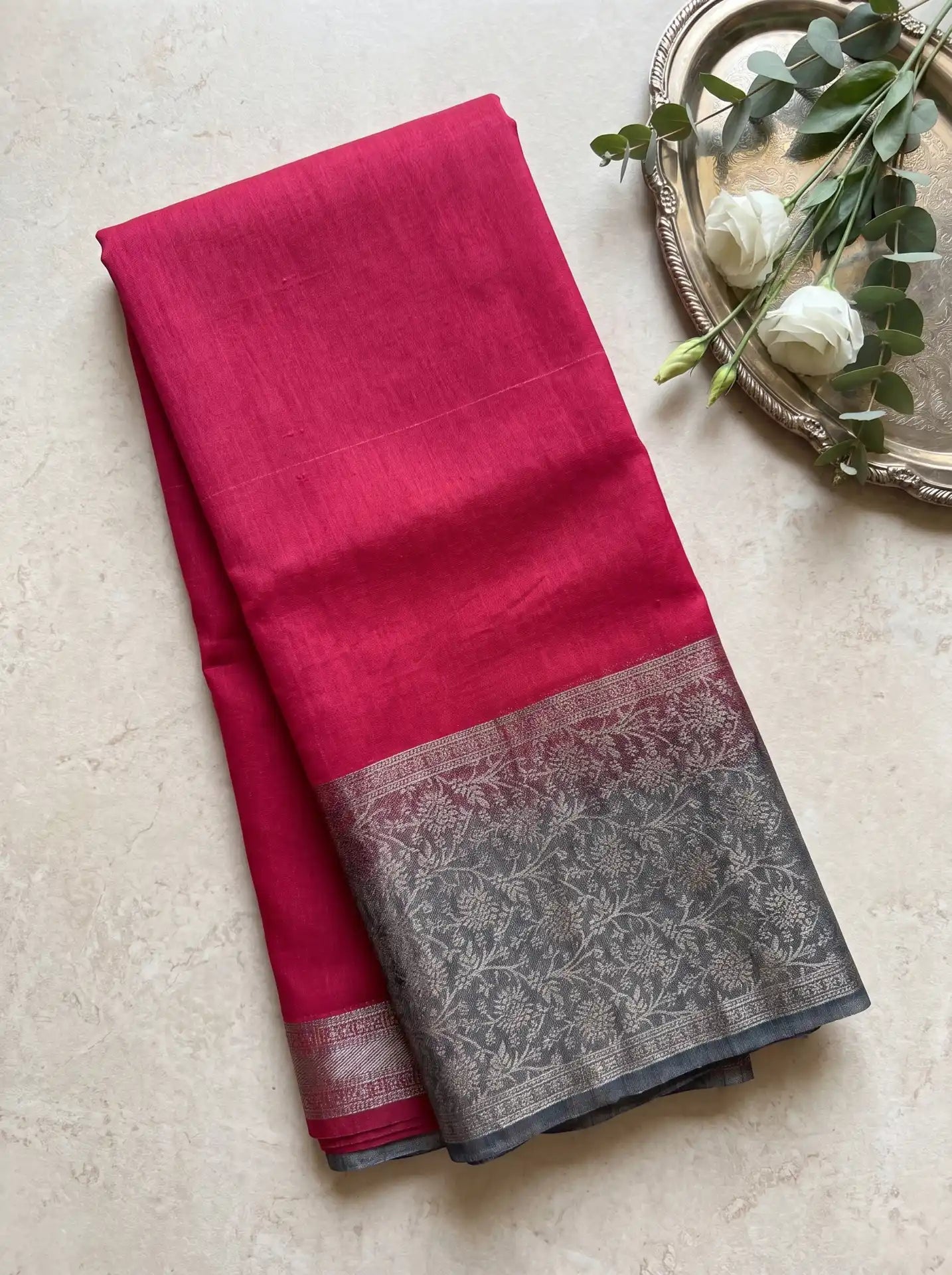Rani Pink Grey Banarasi Jute Silk Saree with Matching Rani Pink Grey Blouse