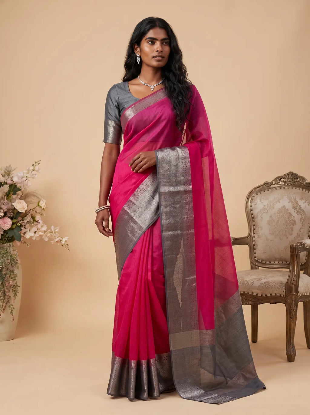 Rani Pink Grey Banarasi Jute Silk Saree with Matching Rani Pink Grey Blouse