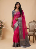 Rani Pink Grey Banarasi Jute Silk Saree with Matching Rani Pink Grey Blouse