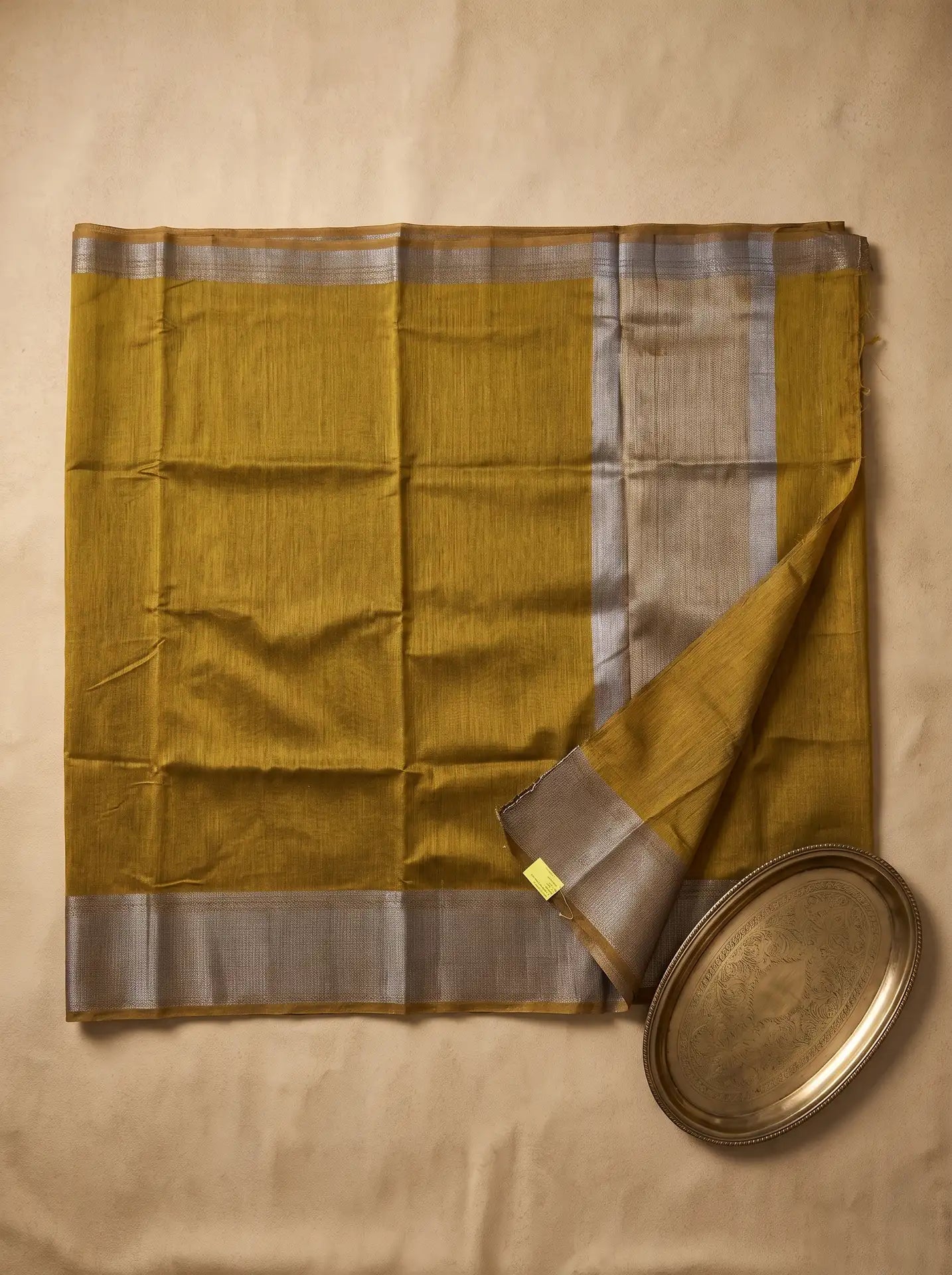 Mustard Gold Silver Grey Banarasi Jute Silk Saree with Matching Mustard Gold Silver Blouse