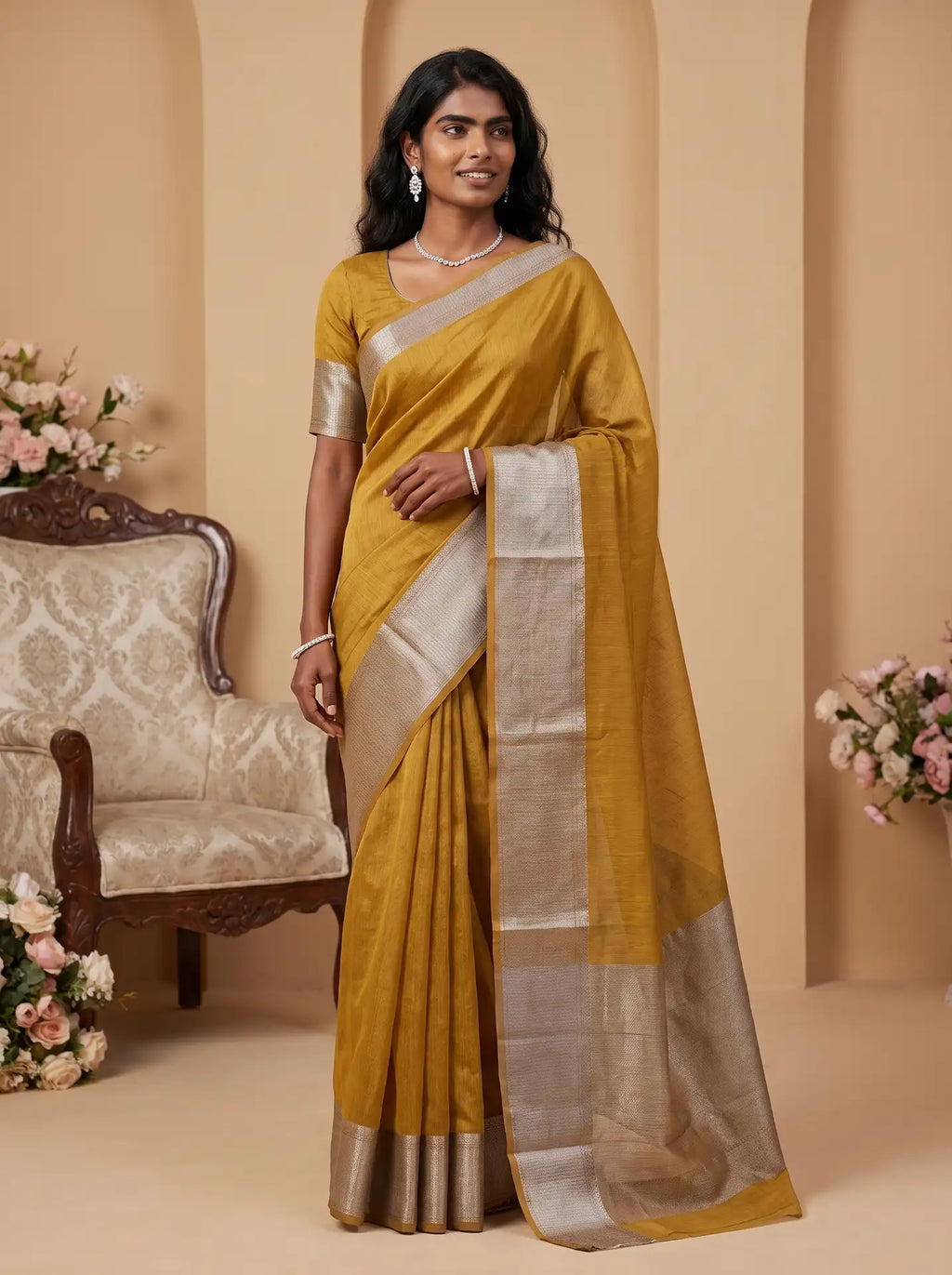 Mustard Gold Silver Grey Banarasi Jute Silk Saree with Matching Mustard Gold Silver Blouse