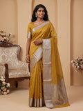 Mustard Gold Silver Grey Banarasi Jute Silk Saree with Matching Mustard Gold Silver Blouse