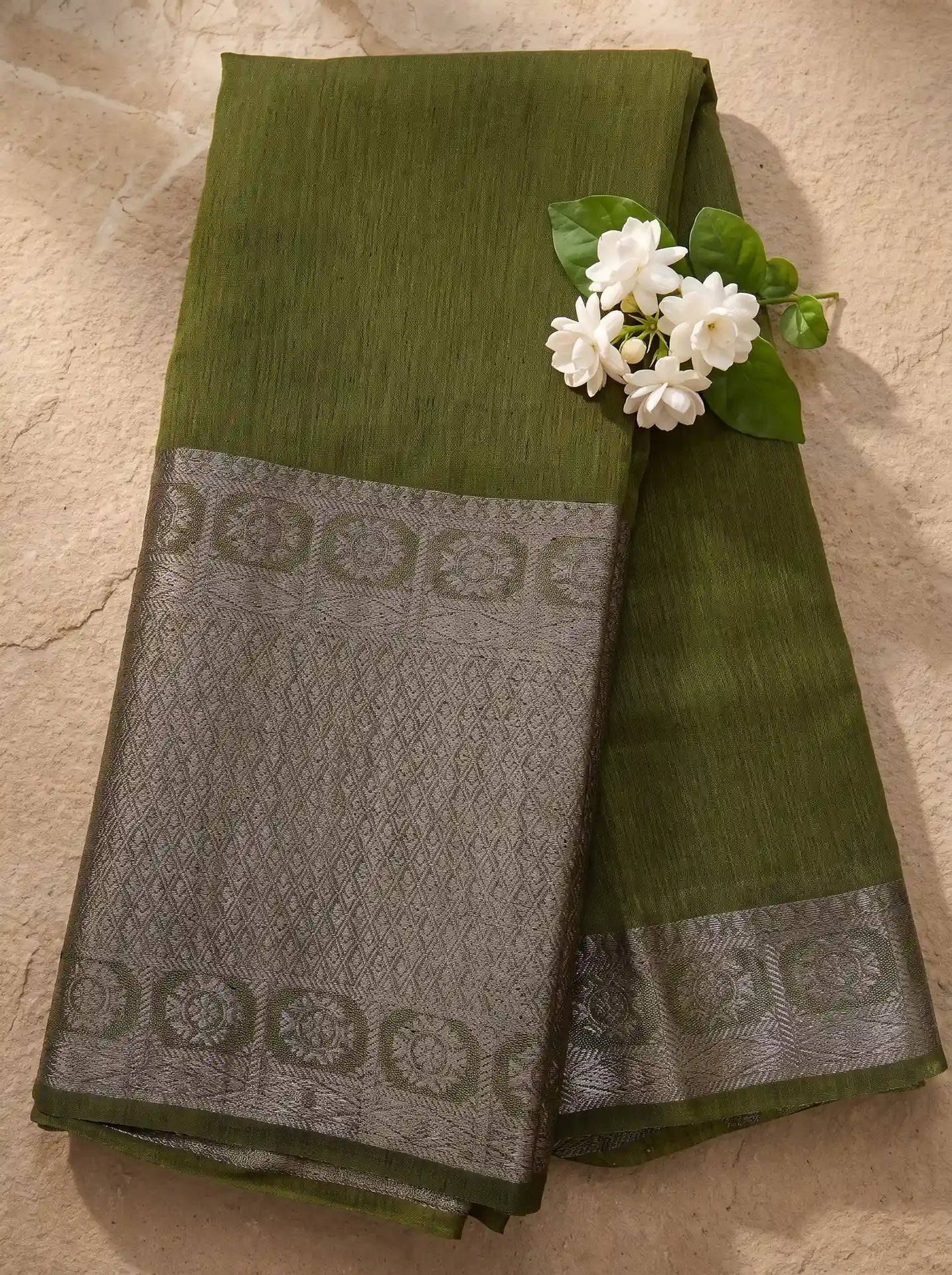 Olive Green Silver Grey Banarasi Jute Silk Saree with Matching Olive Green Blouse