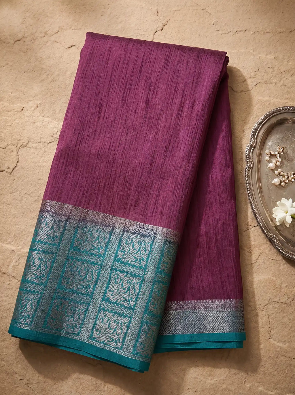 Wine Teal Blue Banarasi Jute Silk Saree with Matching Teal Blouse
