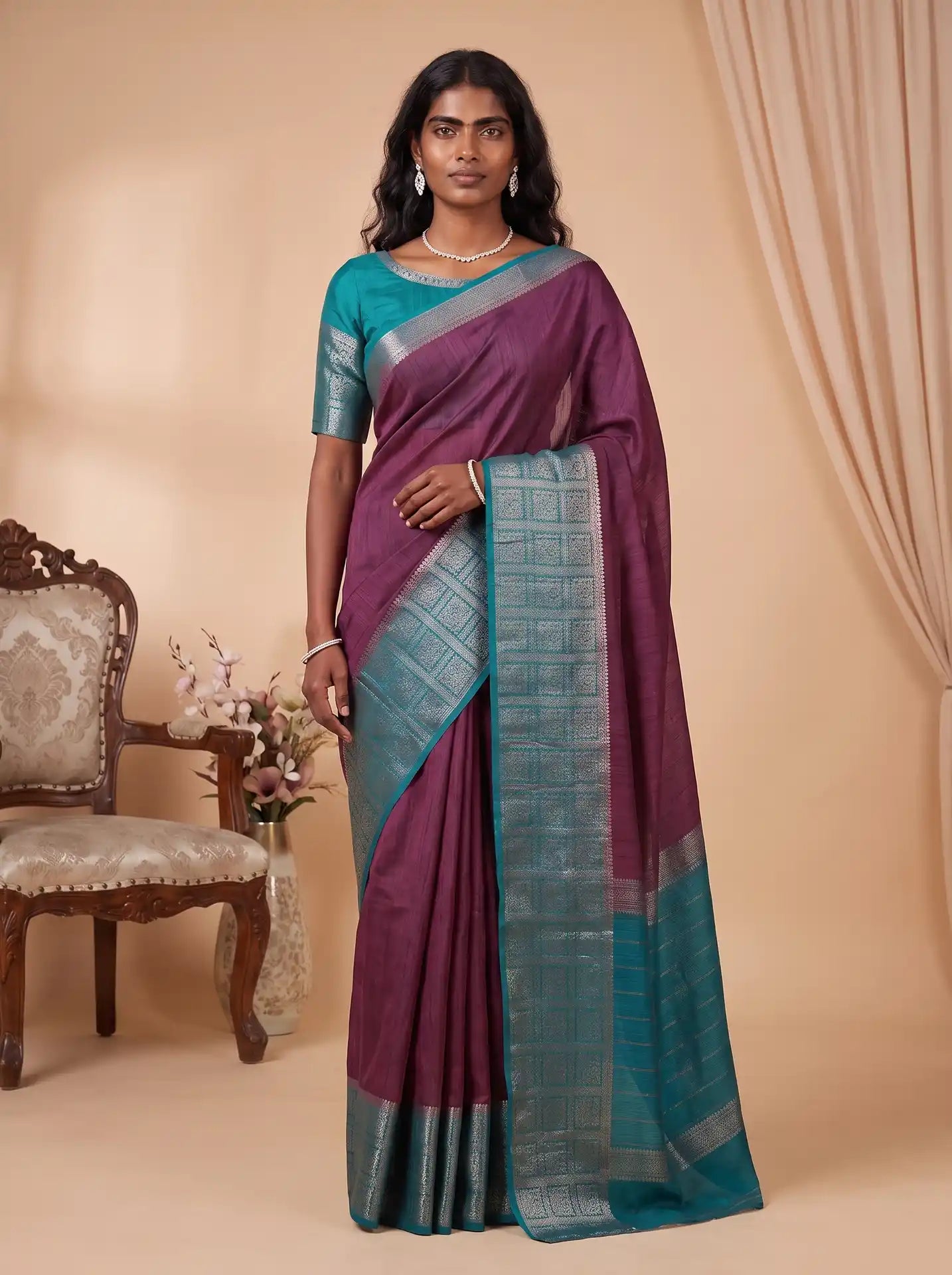 Wine Teal Blue Banarasi Jute Silk Saree with Matching Teal Blouse