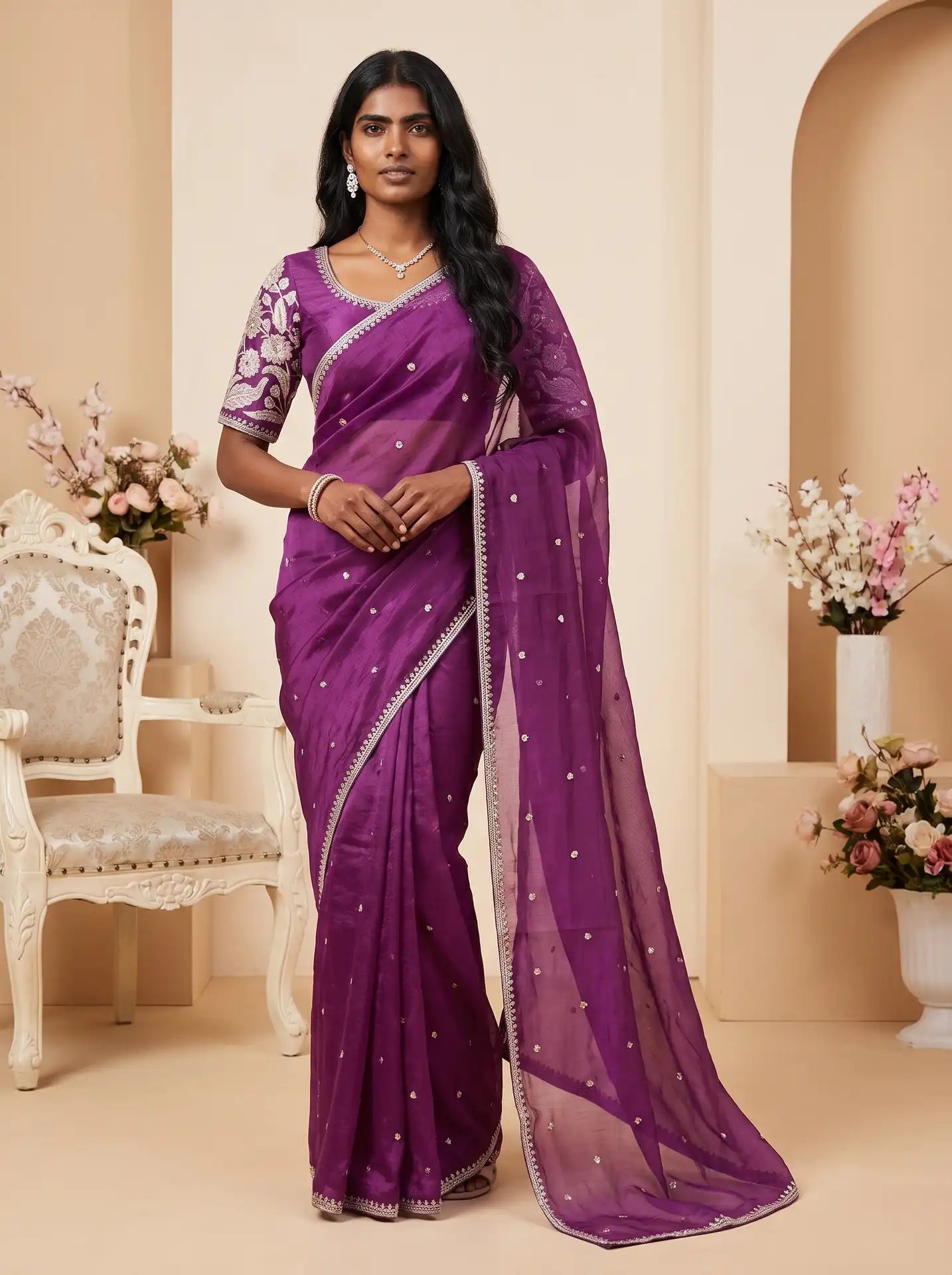 Rani Purple Sequin Work Saree with Matching Floral Embroidered Blouse