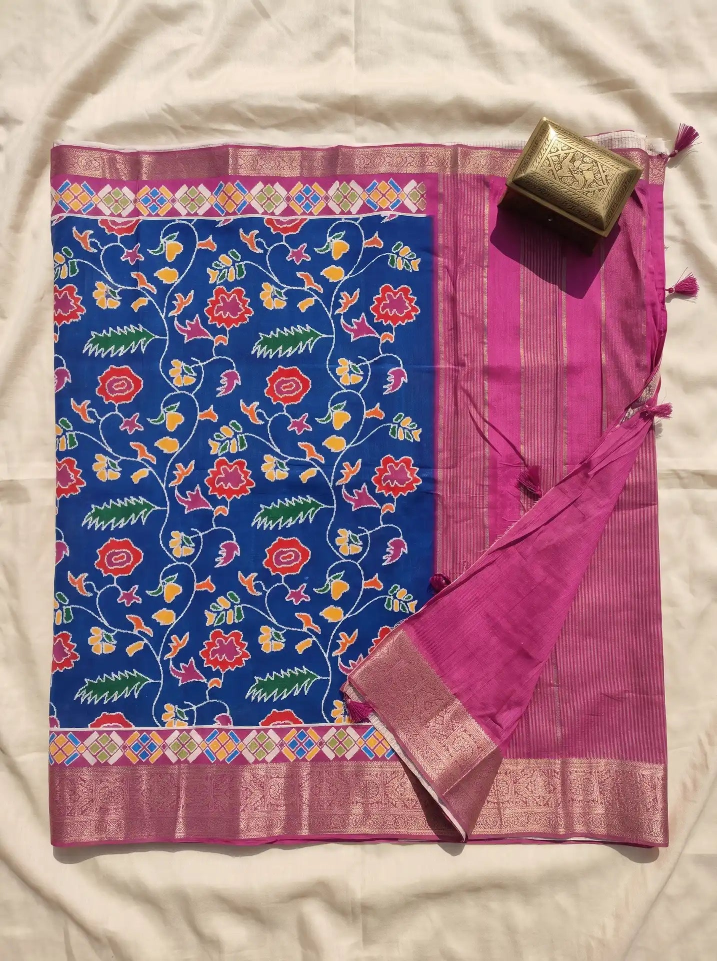 Royal Blue Pink Dola Silk Patola Print Saree with Contrast Pink Striped Blouse