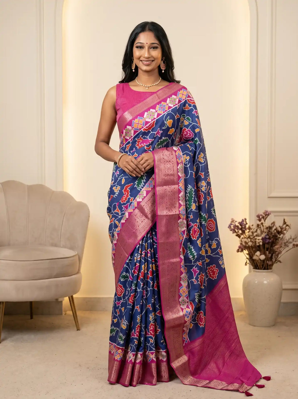 Royal Blue Pink Dola Silk Patola Print Saree with Contrast Pink Striped Blouse