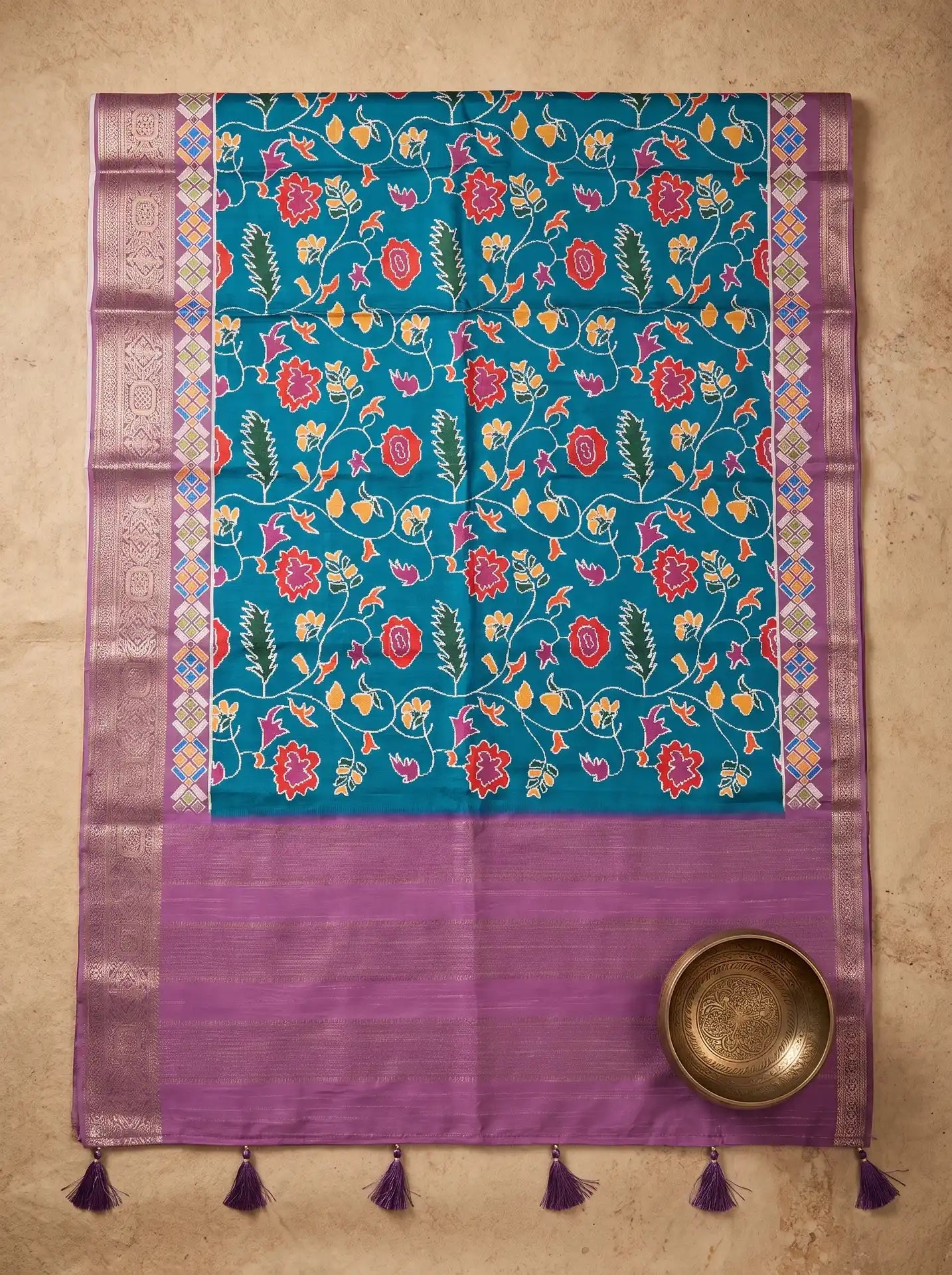 Teal Blue Purple Dola Silk Patola Print Saree with Contrast Purple Striped Blouse