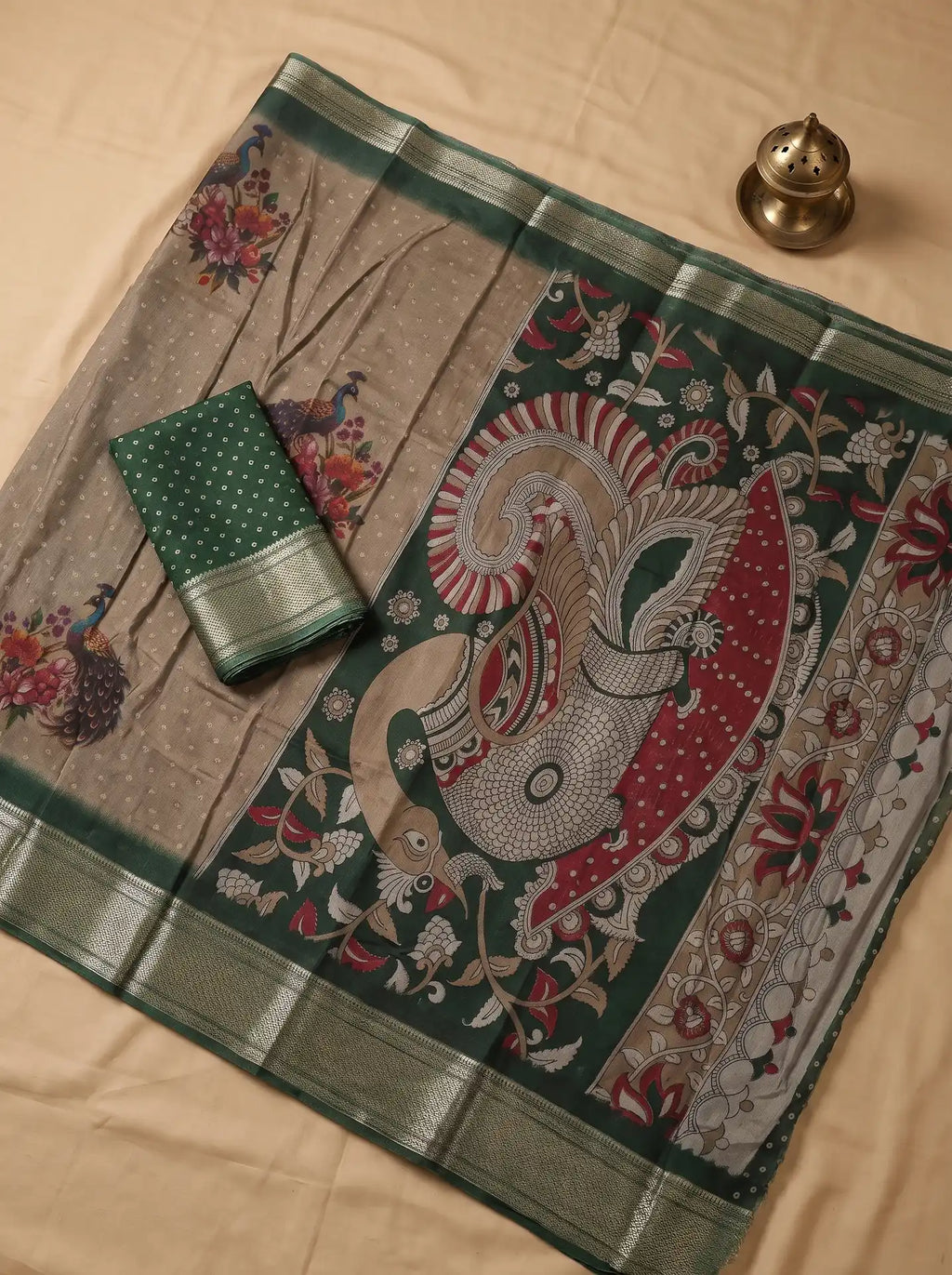 Mushroom Brown Dola Silk Kalamkari Print Saree with Contrast Green Butta Blouse
