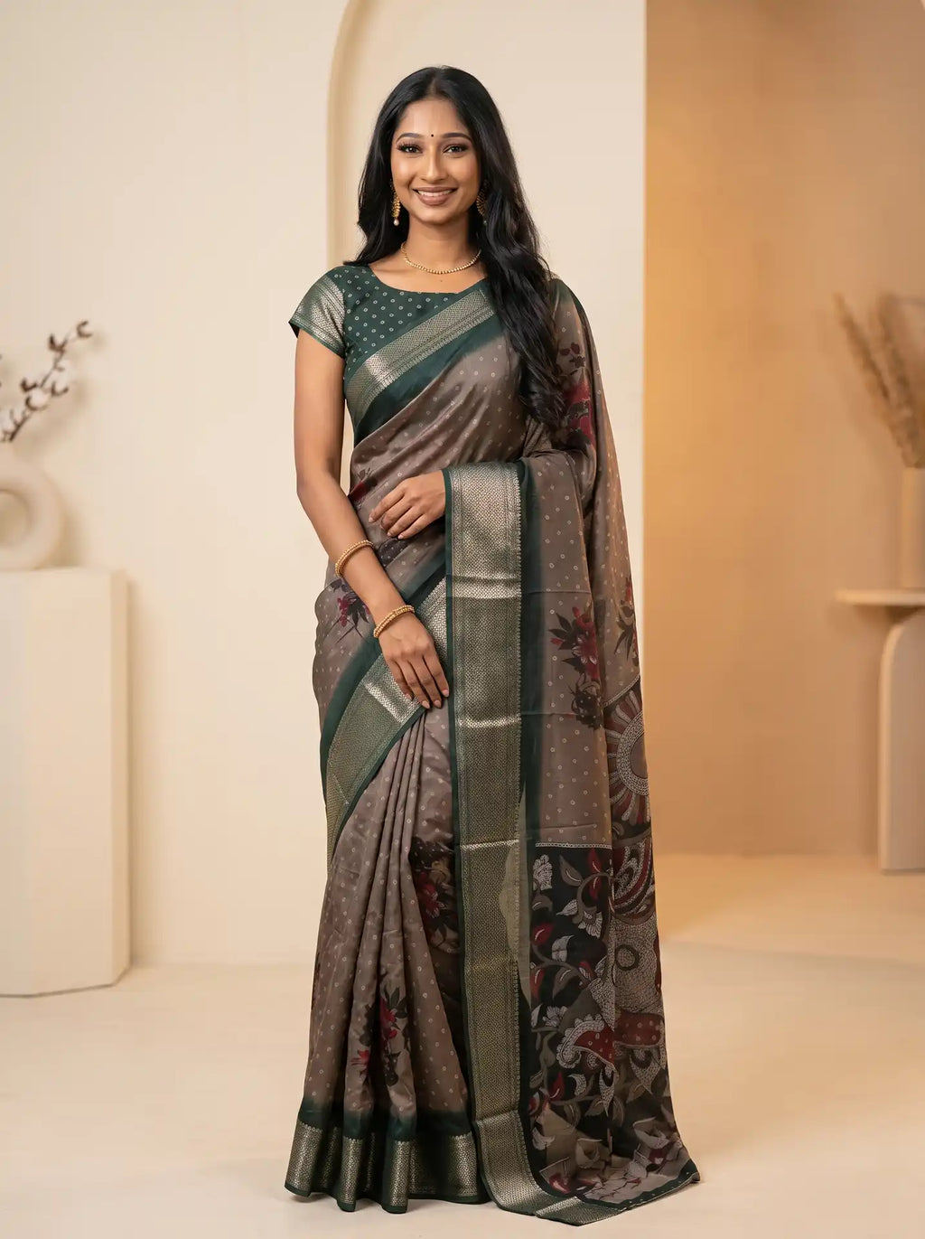 Mushroom Brown Dola Silk Kalamkari Print Saree with Contrast Green Butta Blouse