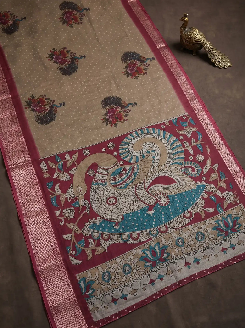 Stone Brown Dola Silk Kalamkari Print Saree with Contrast Wine Butta Blouse