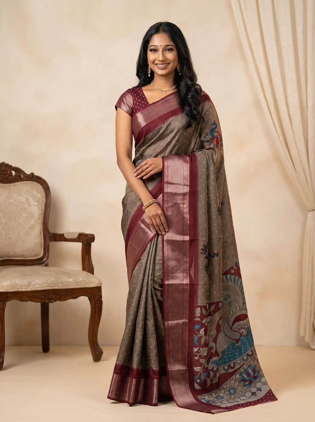Stone Brown Dola Silk Kalamkari Print Saree with Contrast Wine Butta Blouse