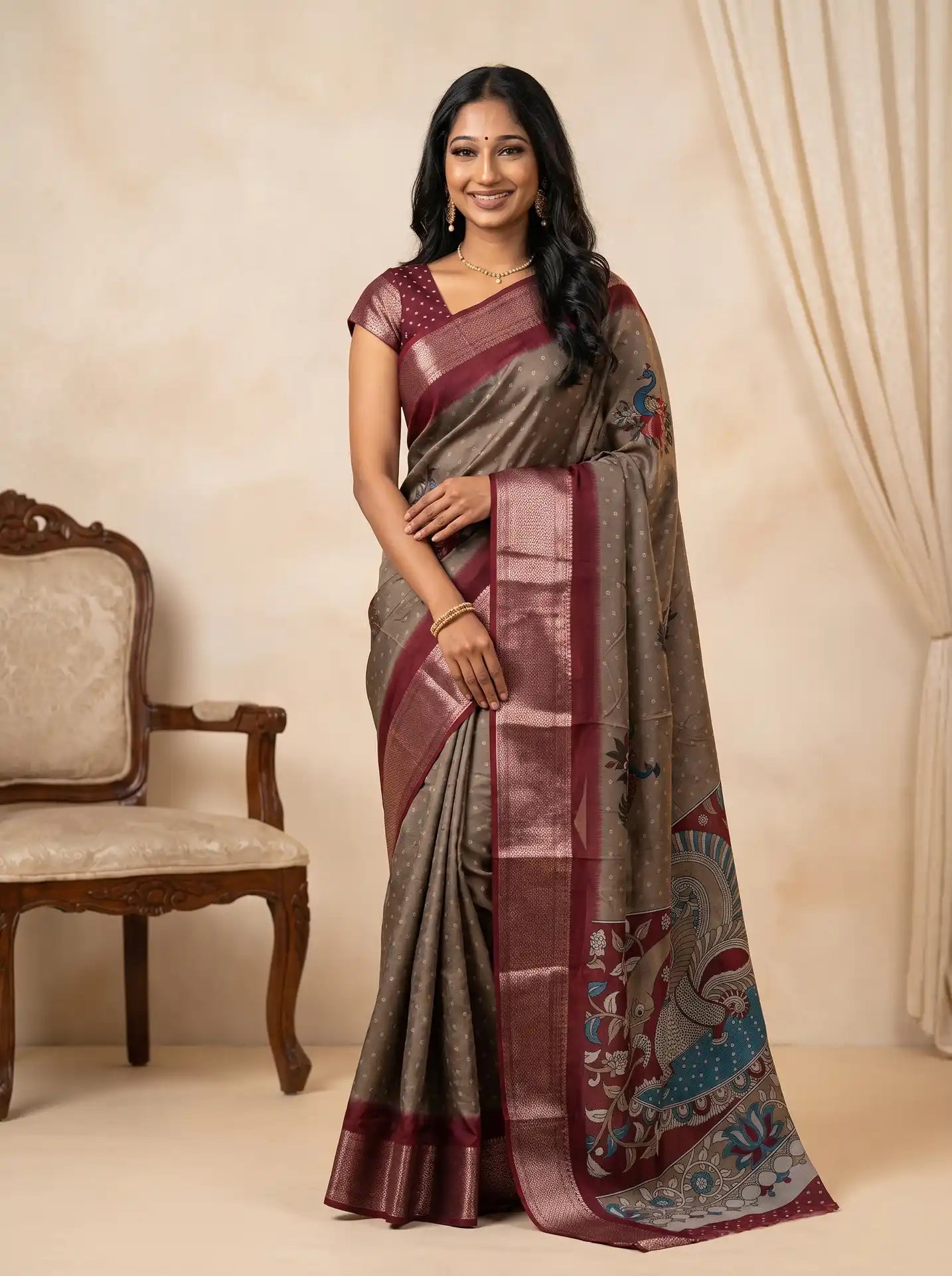Stone Brown Dola Silk Kalamkari Print Saree with Contrast Wine Butta Blouse