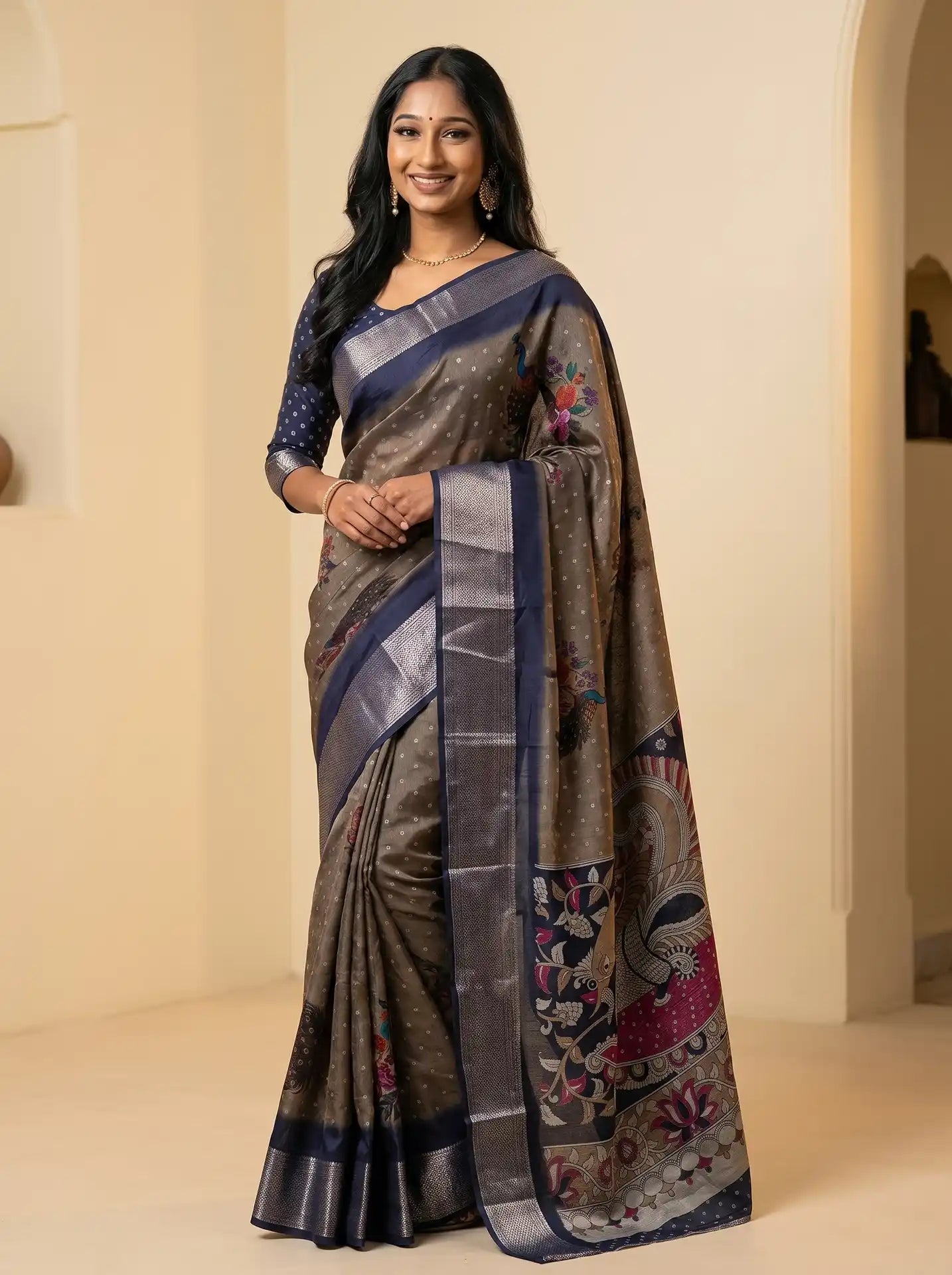 Stone Brown Dola Silk Kalamkari Print Saree with Contrast Navy Butta Blouse