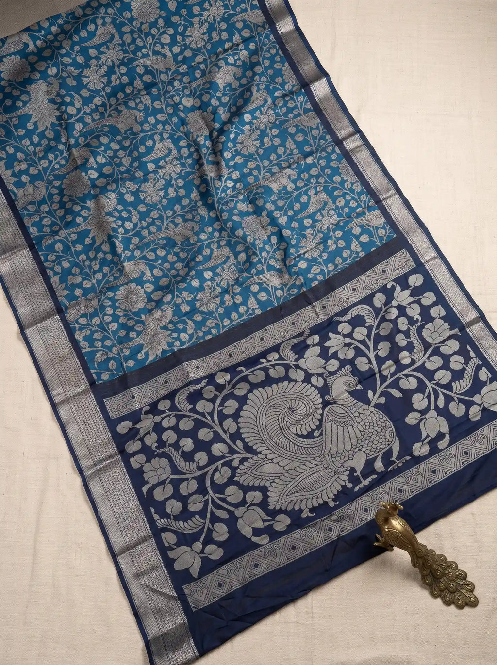 Steel Blue Dola Silk Kalamkari Print Saree with Contrast Navy Blouse