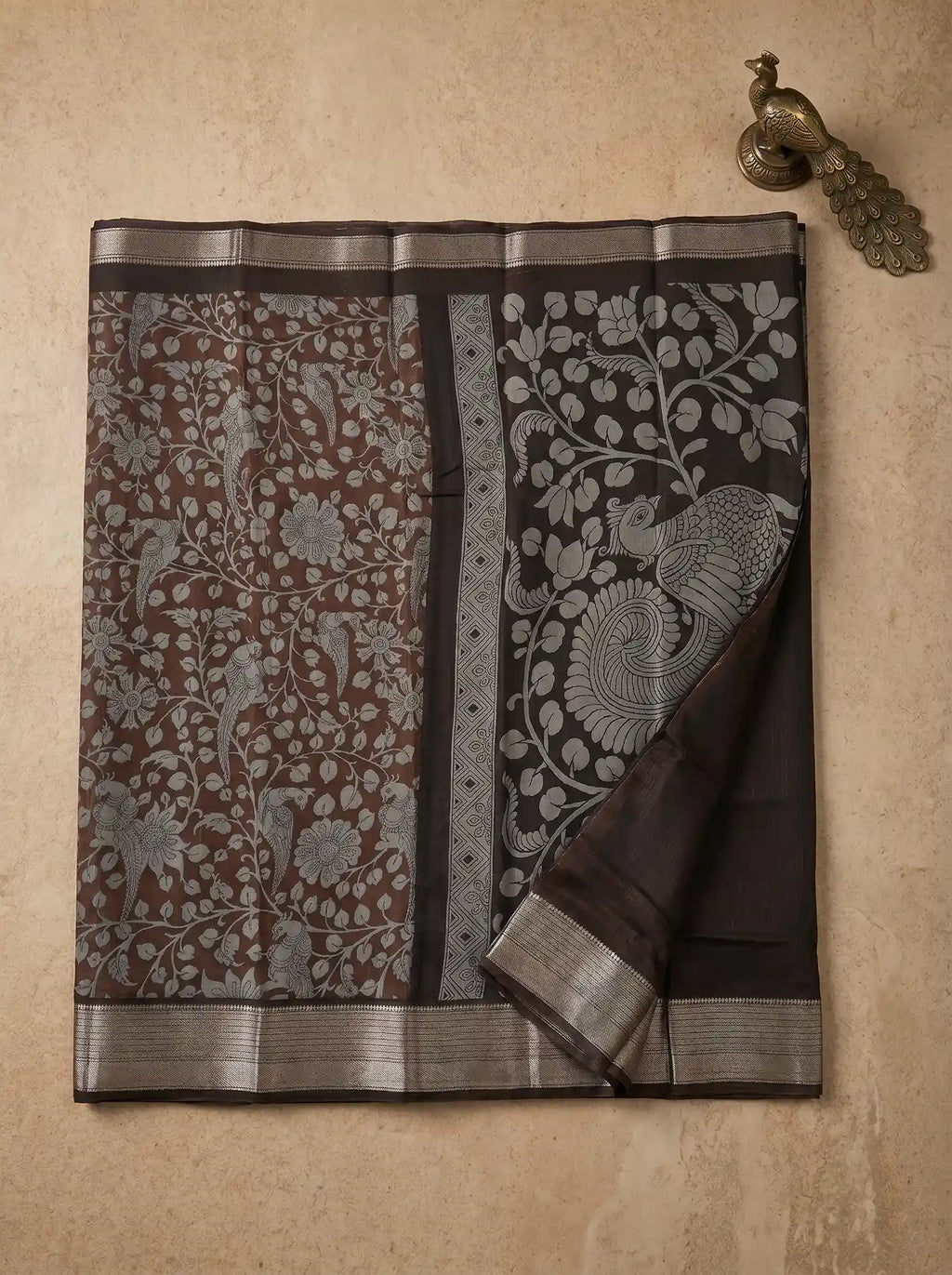 Coffee Brown Dola Silk Kalamkari Print Saree with Matching Dark Brown Blouse