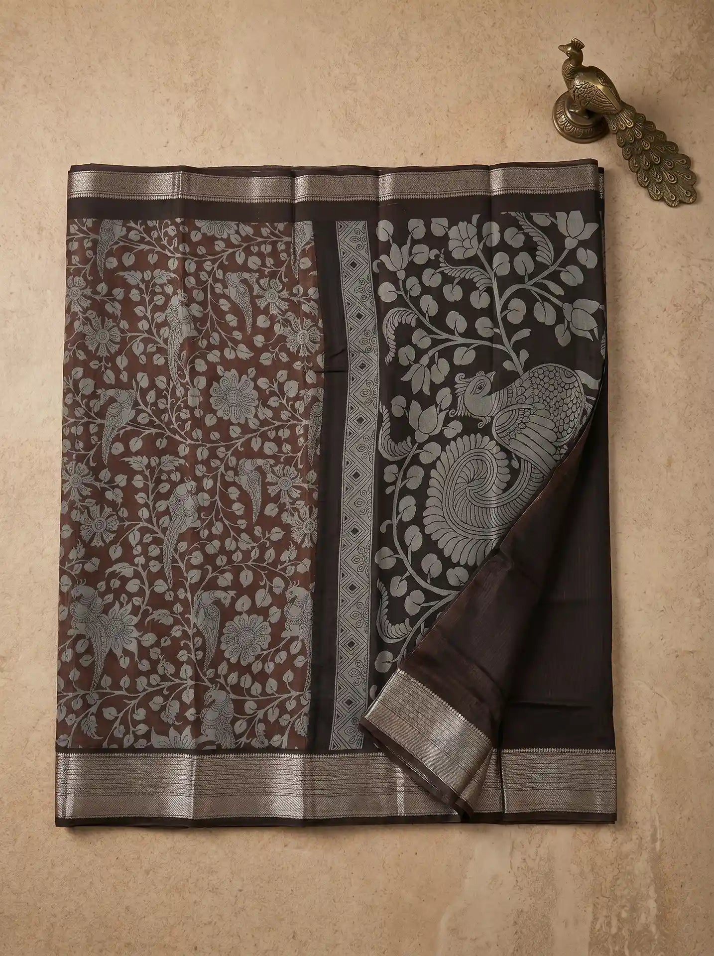 Coffee Brown Dola Silk Kalamkari Print Saree with Matching Dark Brown Blouse
