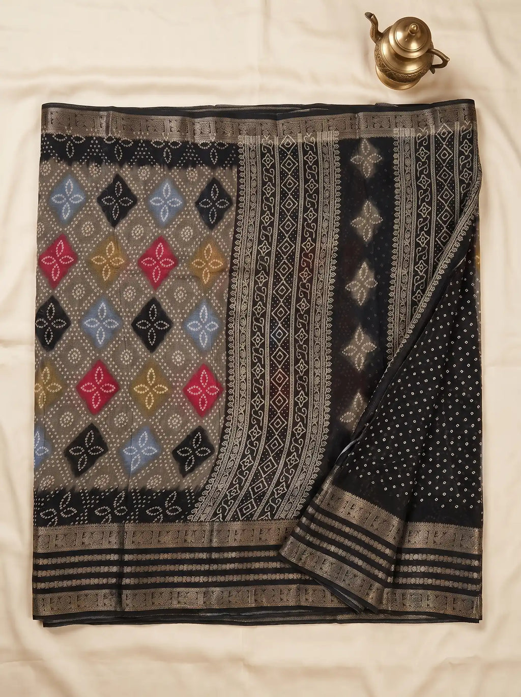 Mushroom Grey Black Dola Silk Bandhani Print Saree with Contrast Black Butta Blouse