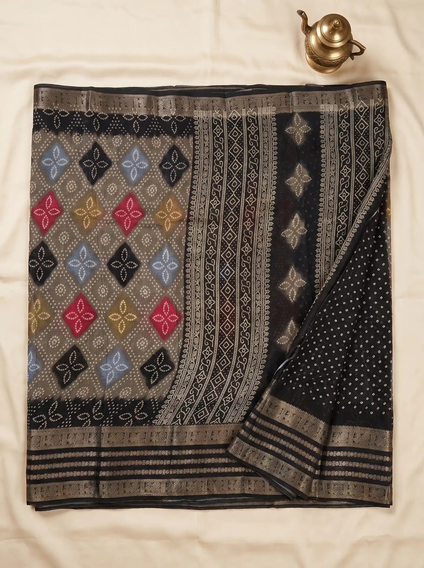 Mushroom Grey Black Dola Silk Bandhani Print Saree with Contrast Black Butta Blouse