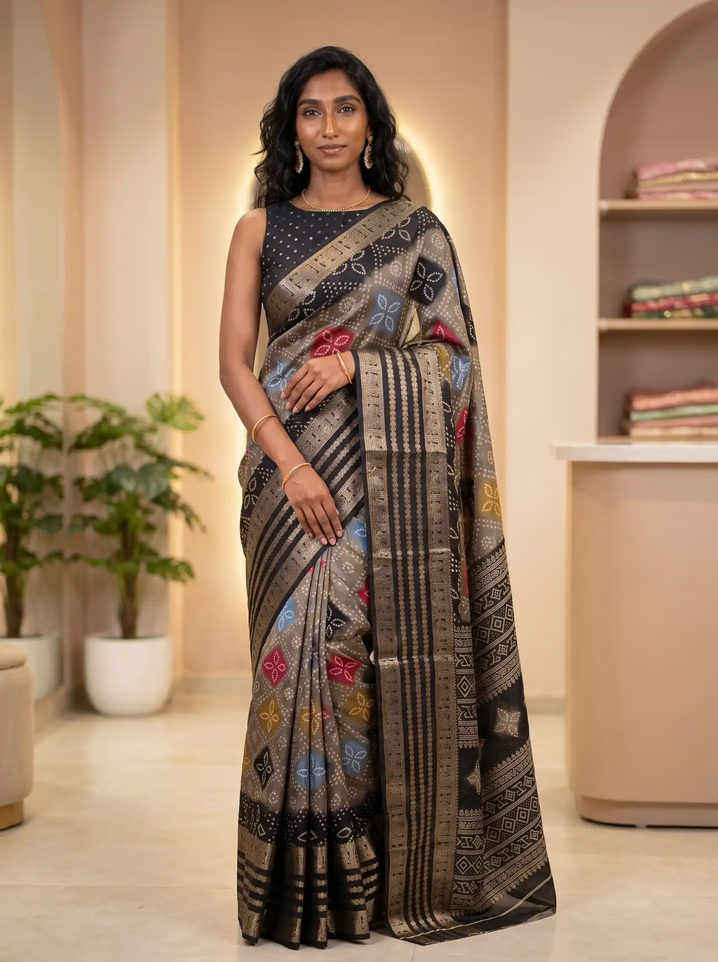 Mushroom Grey Black Dola Silk Bandhani Print Saree with Contrast Black Butta Blouse