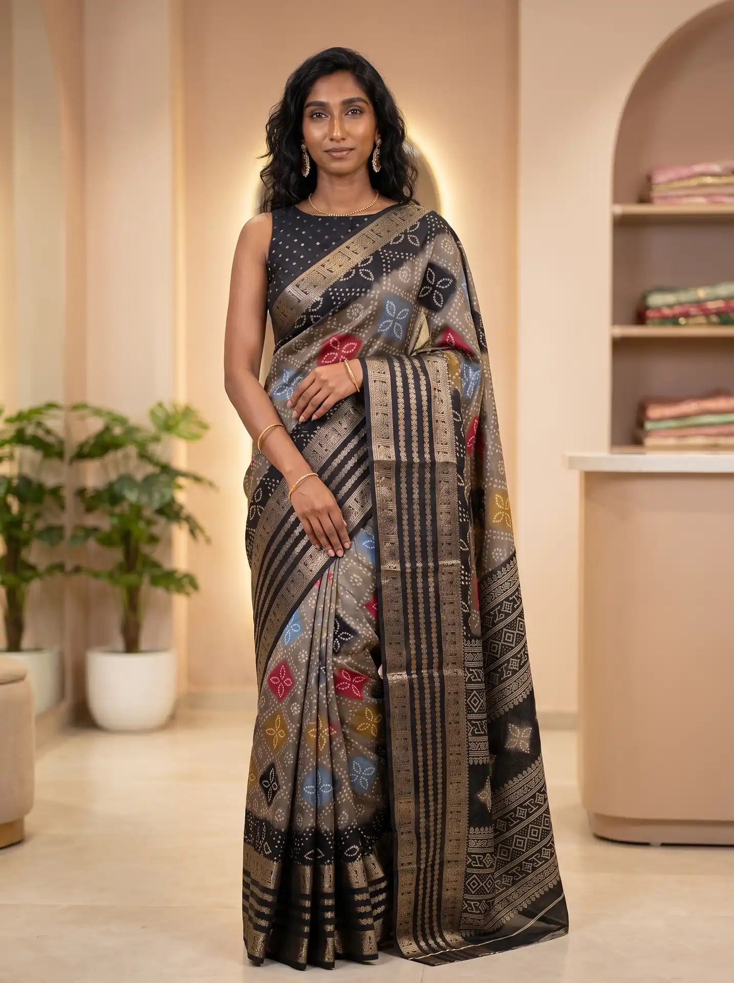 Mushroom Grey Black Dola Silk Bandhani Print Saree with Contrast Black Butta Blouse