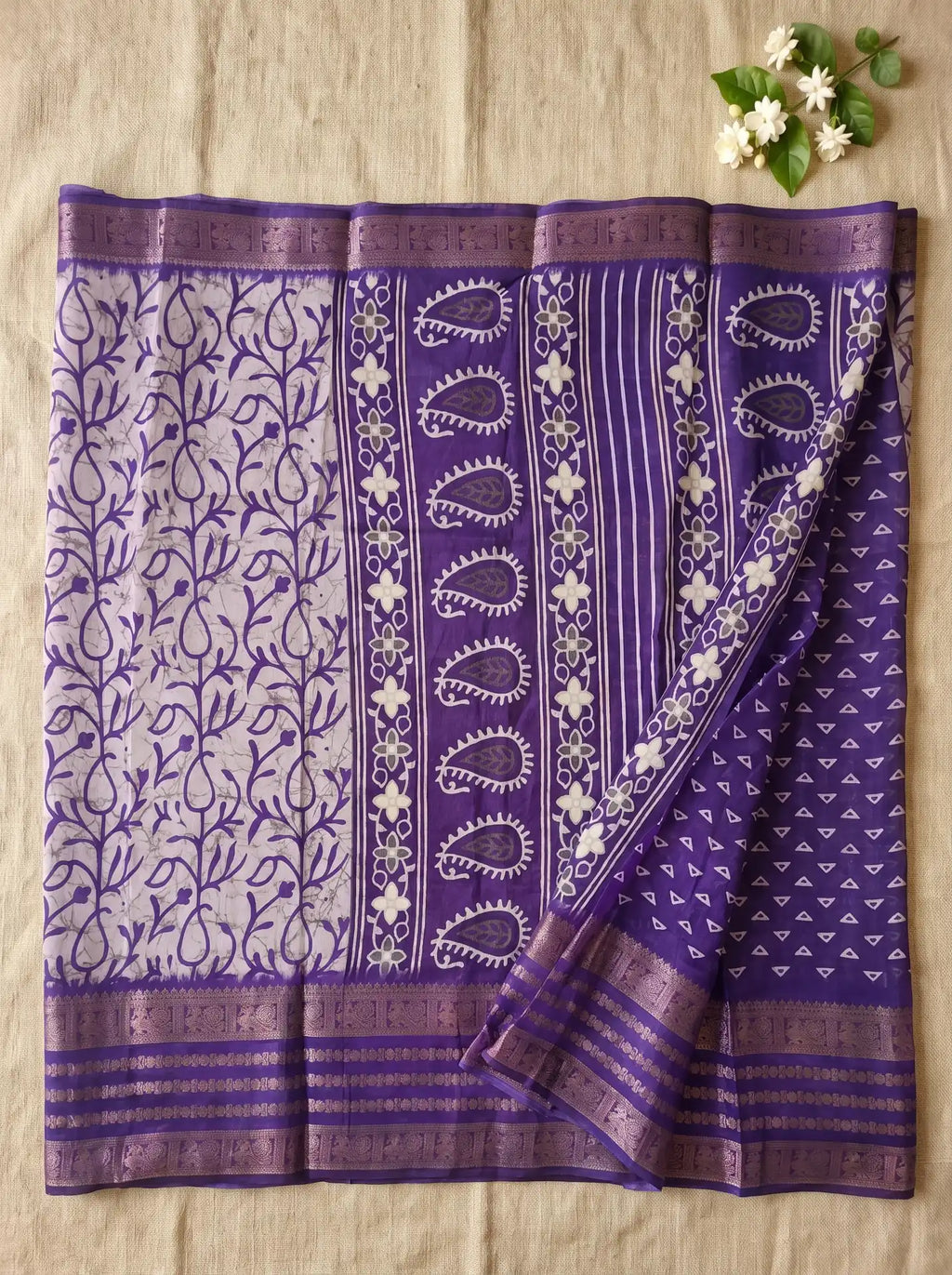 Purple Cream Dola Silk Floral Vine Printed Saree with Contrast Purple Blouse