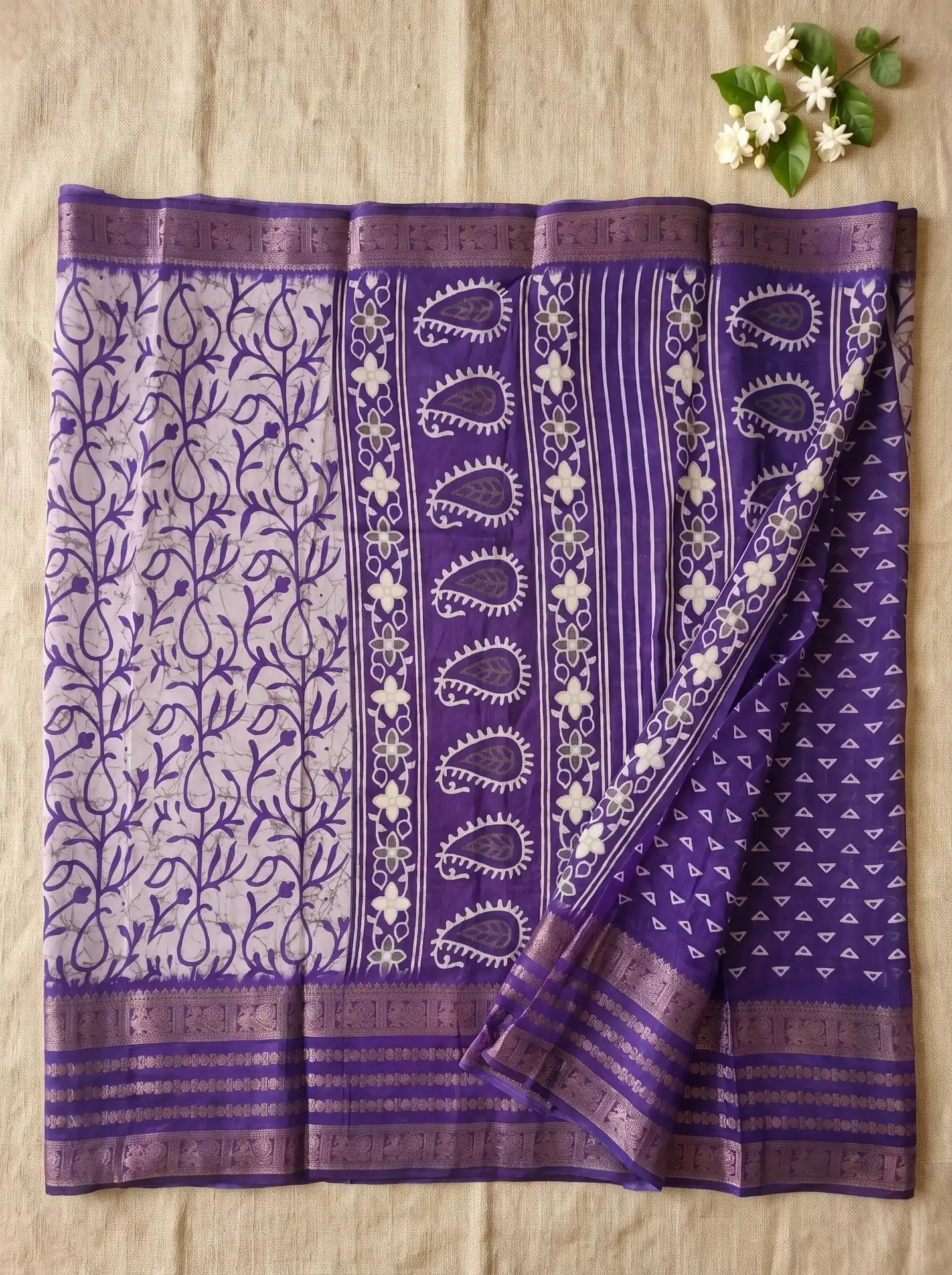 Purple Cream Dola Silk Floral Vine Printed Saree with Contrast Purple Blouse