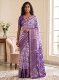 Purple Cream Dola Silk Floral Vine Printed Saree with Contrast Purple Blouse