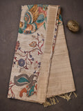 Beige Semi Tussar Silk Kalamkari Print Saree with Matching Beige Blouse